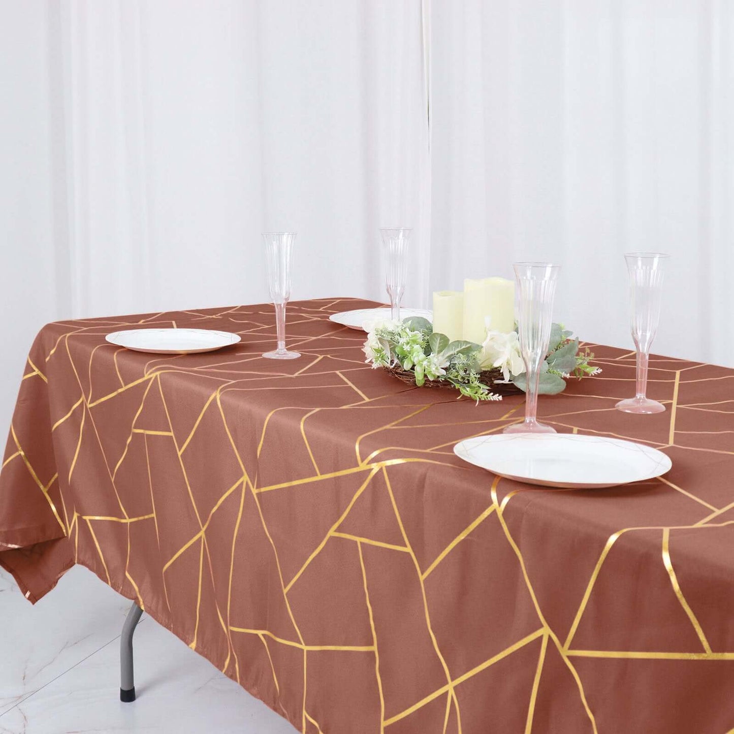 Polyester 60"x102" Rectangle Tablecloth Terracotta (Rust) with Gold Foil Geometric Pattern - Wrinkle-Resistant & Durable Table Cover