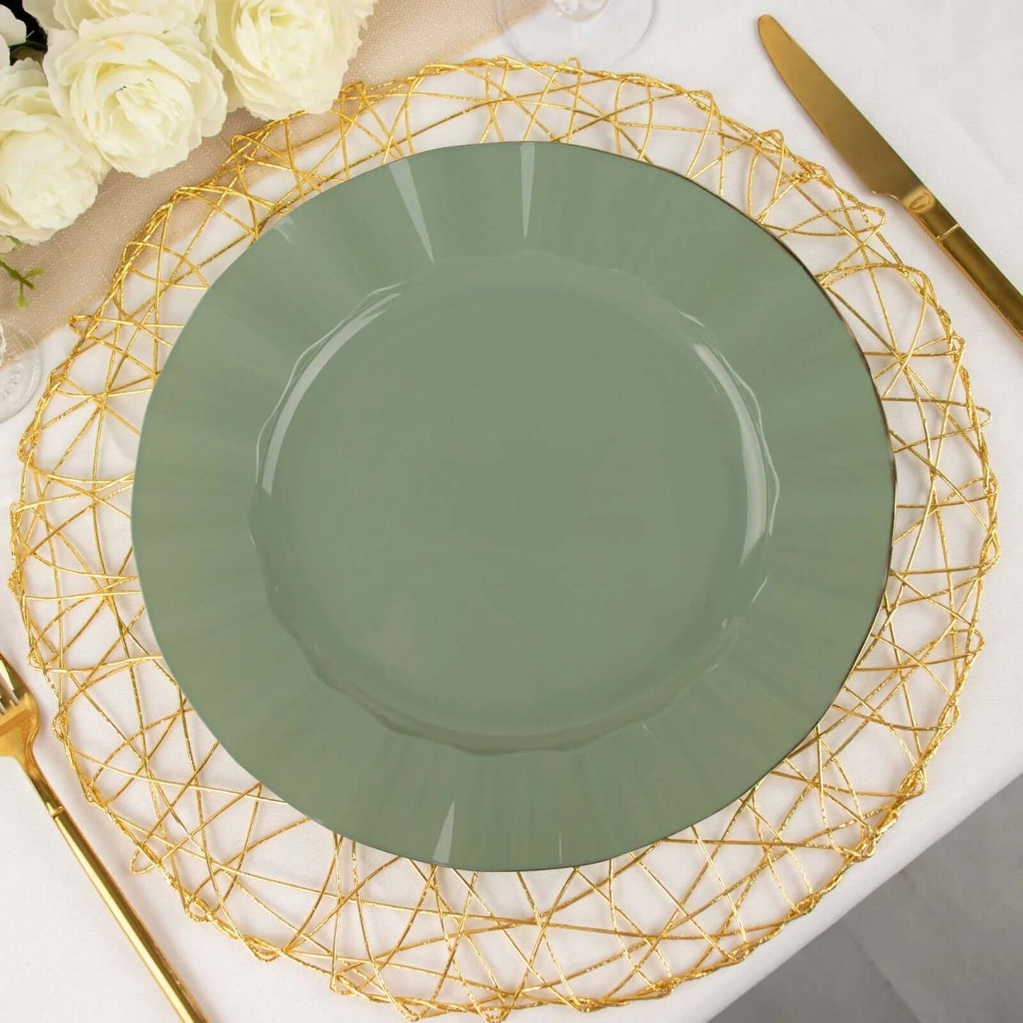 10-Pack Plastic 9" Round Dinner Plates in Dusty Sage Green Ruffled Rim with Gold Edging - Sturdy Disposable Dinnerware