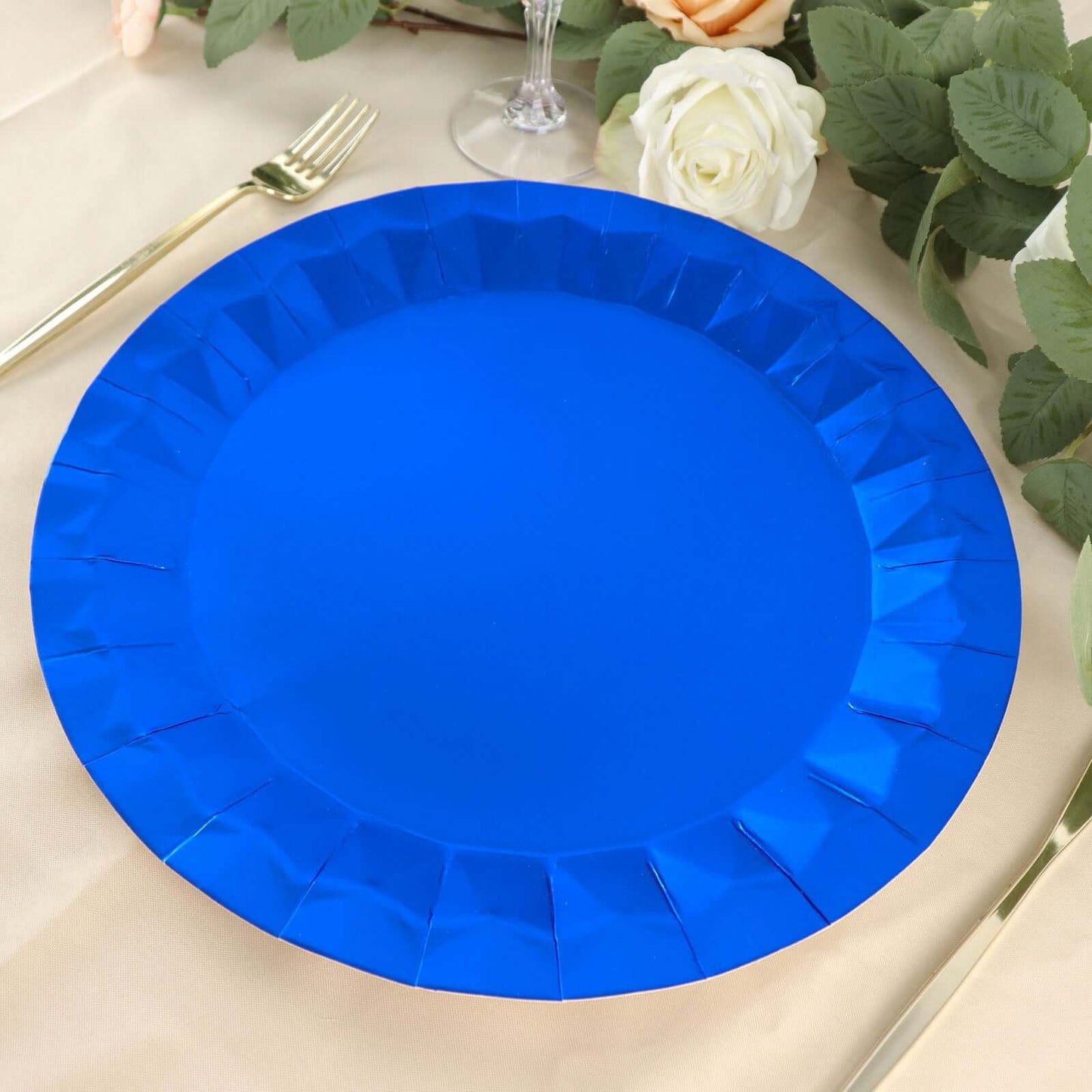 25-Pack Paper 12" Round Charger Plates in Royal Blue with Geometric Prism Design - Disposable 400GSM Serving Trays