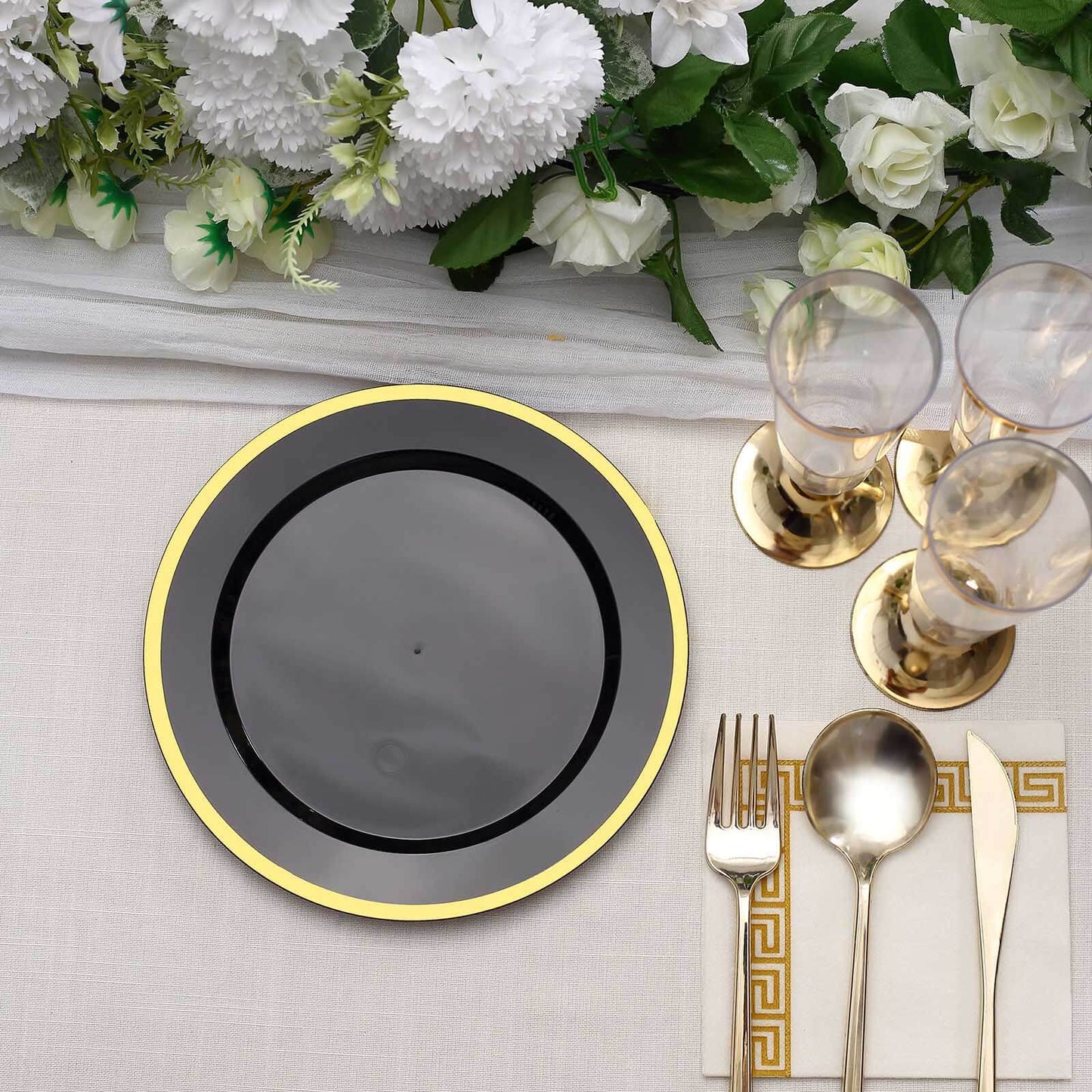 10-Pack Plastic 7" Round Appetizer Plates in Black with Gold Rim - Sleek Disposable Salad Plates for Banquets & Special Occasions