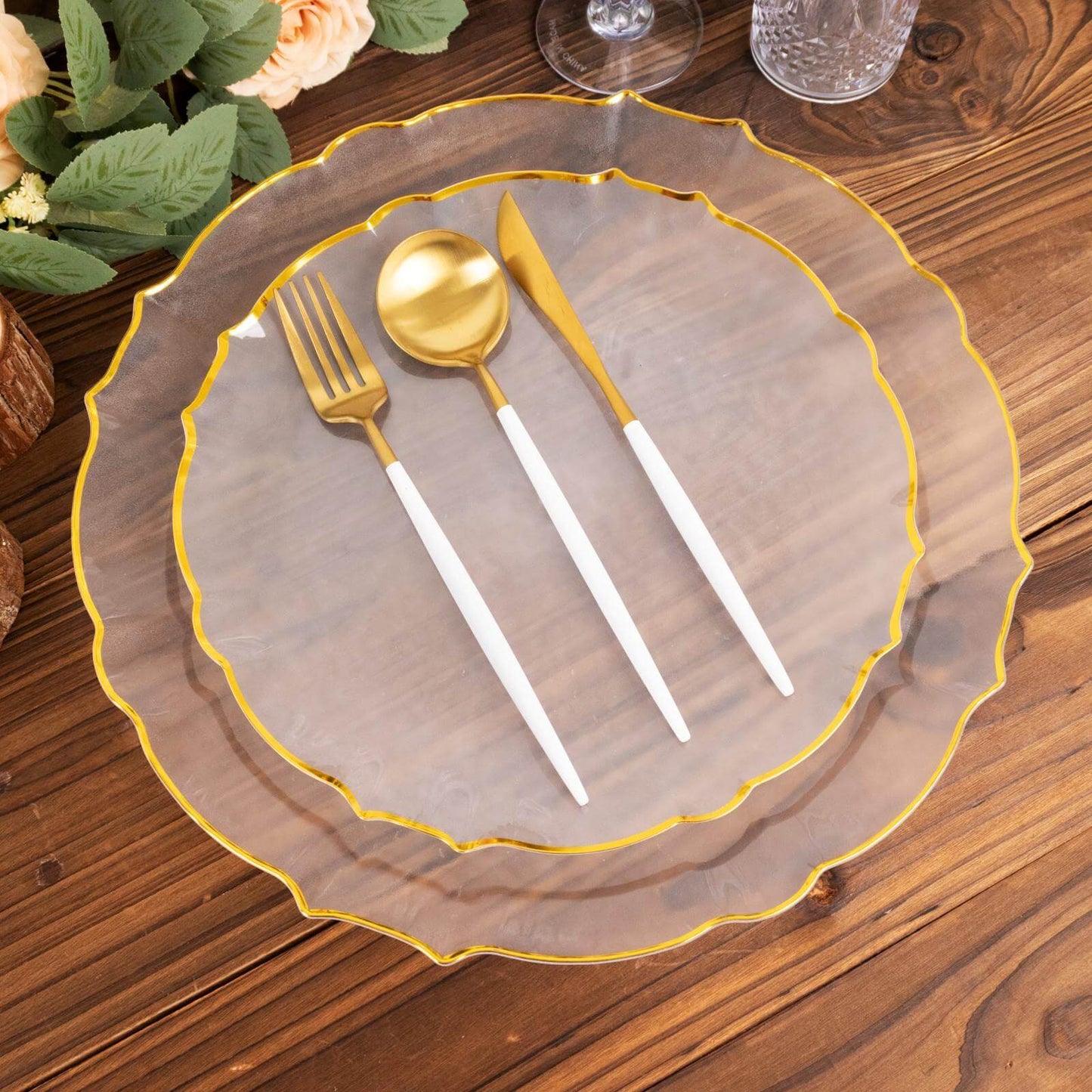 10-Pack Plastic 10" Round Dinner Plates in Clear Sunflower with Gold Scalloped Rim - Disposable Party Plates for Classy Events & Banquets
