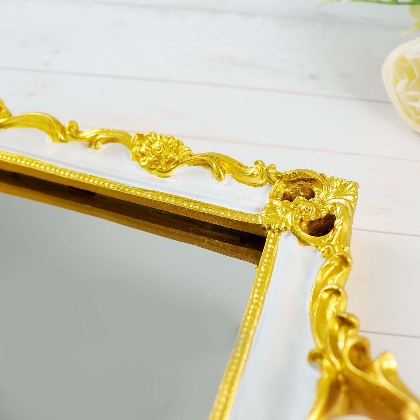 Resin Mirrored Rectangle Serving Tray 15"x10" in White with Gold Baroque Design, Stylish Decorative Vanity Tray Centerpiece