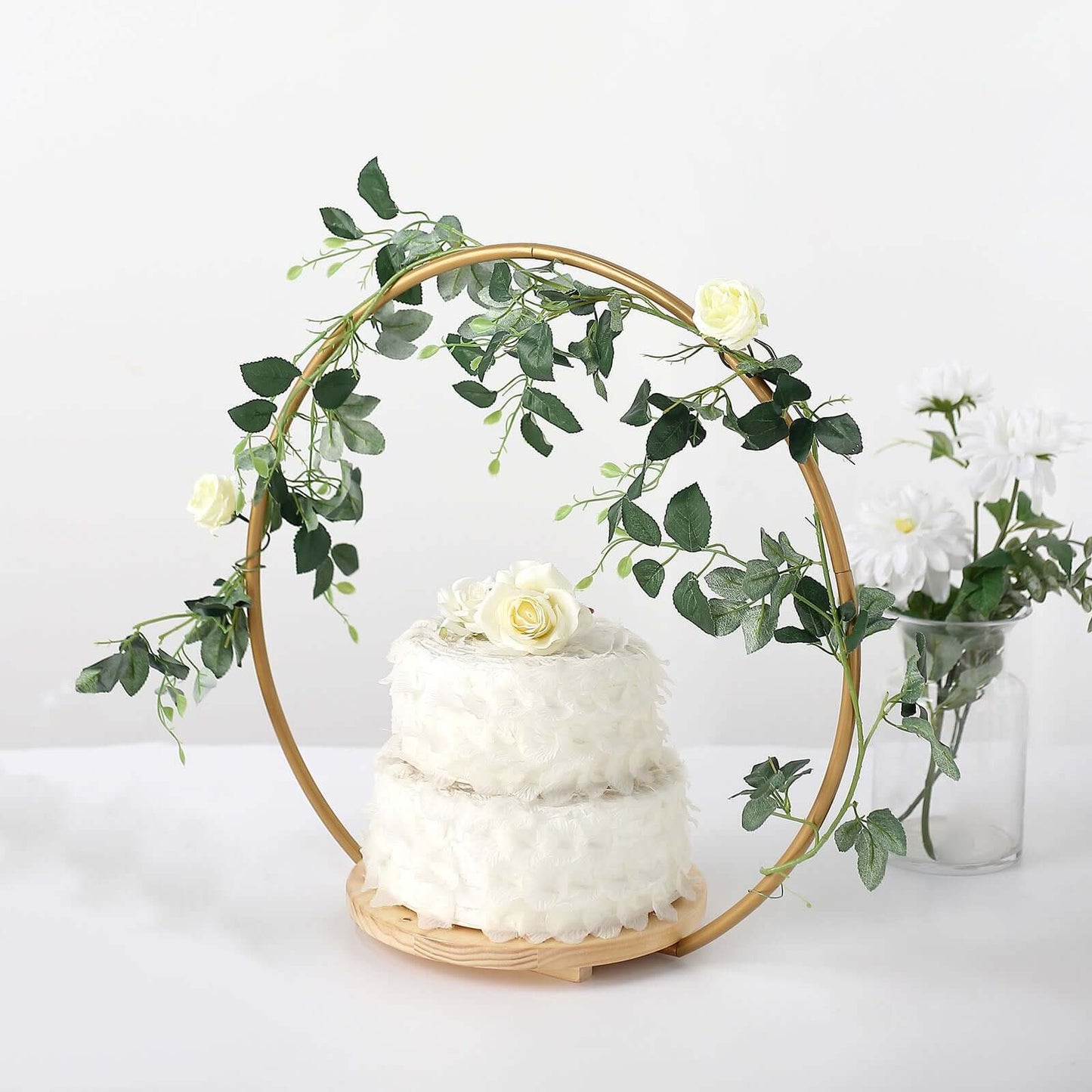 Metal Round Floral Hoop Cake Stand Gold - Chic Geometric Dessert Display DIY Centerpiece Table Decoration With Wooden Base 20"