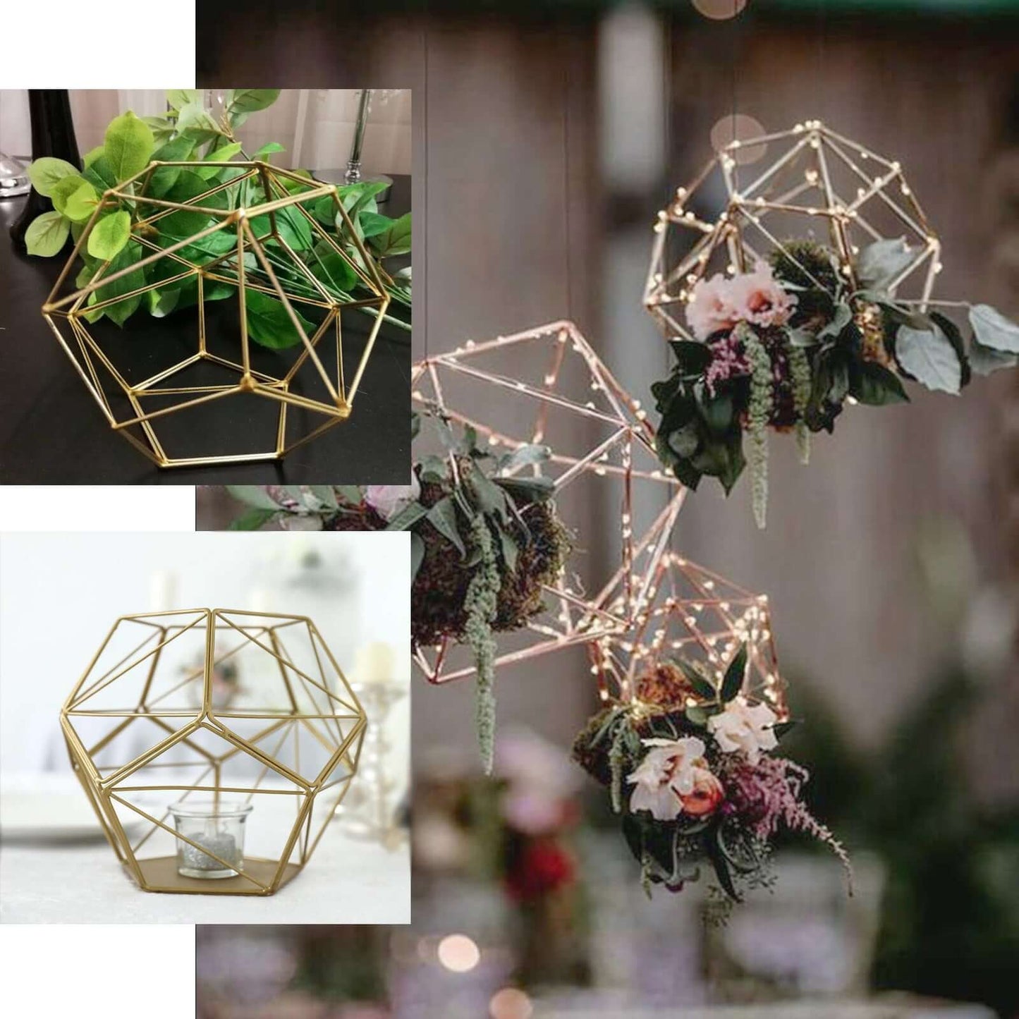 Tealight Candle Holder Gold Metal Pentagon Prism Geometric Open Frame - Flower Stand 7"