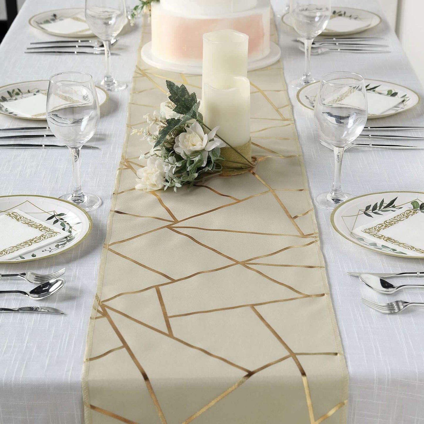 Polyester 9ft Table Runner Beige with Gold Foil Modern Geometric Accent