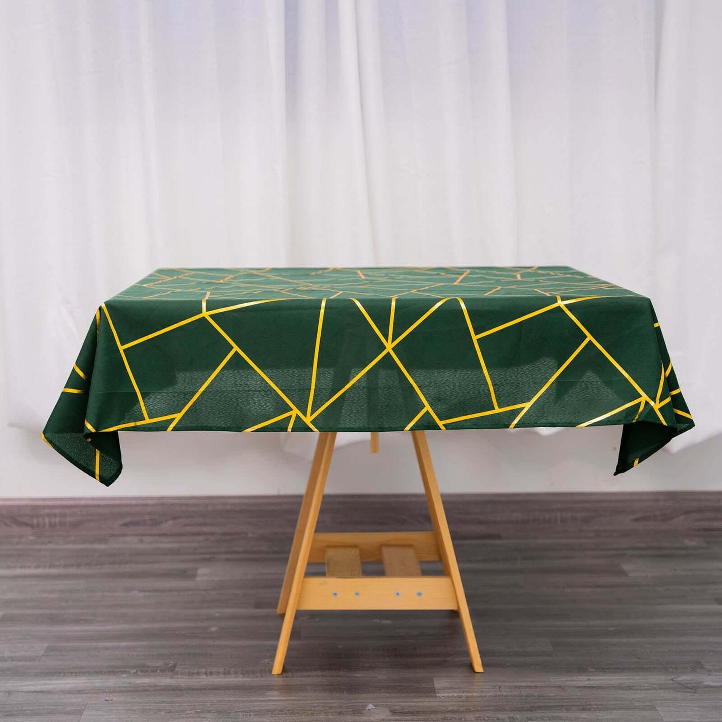 Polyester 54"x54" Table Overlay Square Tablecloth Hunter Emerald Green with Gold Foil Geometric Pattern - Wrinkle-Resistant & Durable Table Topper