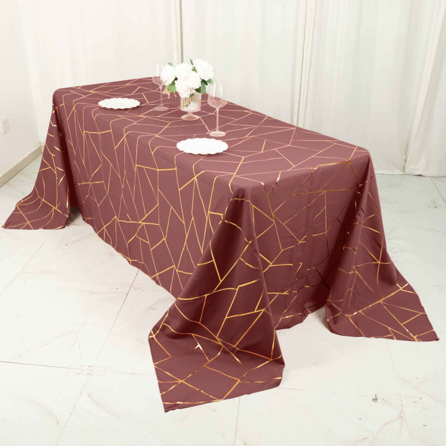 Polyester 60"x132" Rectangle Tablecloth Cinnamon Rose with Gold Foil Geometric Pattern - Wrinkle-Resistant and Durable Table Cover for Weddings & Events
