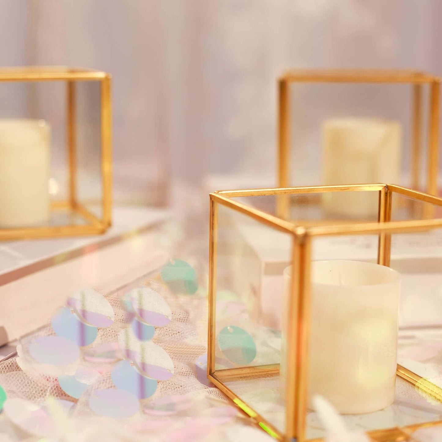3-Pack Glass Tealight Votive Candle Holders Square Cube Design Clear with Gold Metal Frame - Stackable 3"