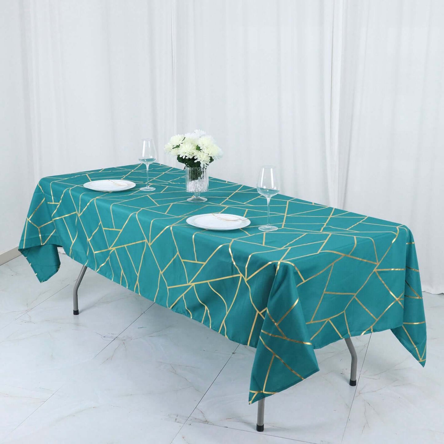 Polyester 60"x102" Rectangle Tablecloth Teal with Gold Foil Geometric Pattern - Wrinkle-Resistant & Durable Table Cover