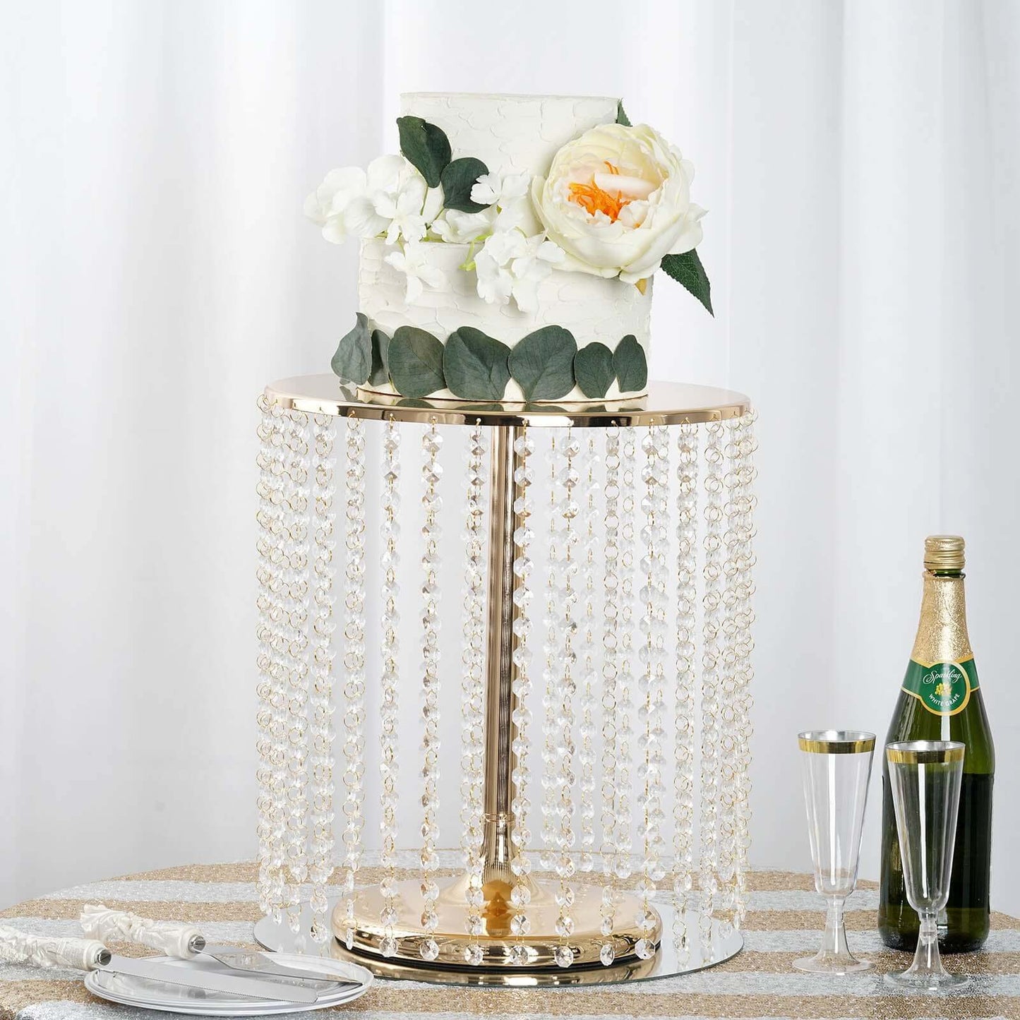 Metal Cake Stand Round Design Metallic Gold with Crystal Chains 14" Dia - Cupcake Dessert Pedestal 16"Tall