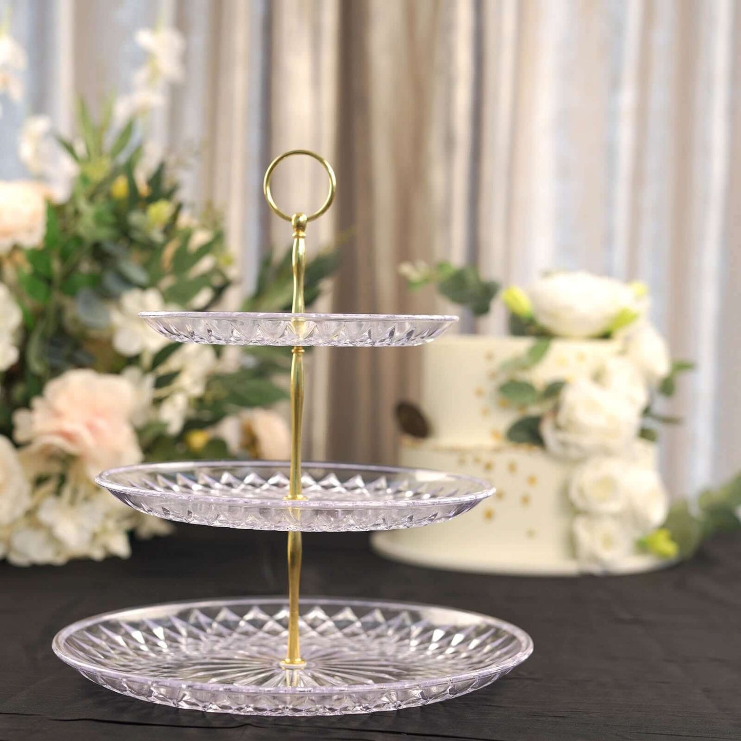 3-Tier Acrylic Cupcake Stand Clear - Sturdy Dessert Serving Tray Platter with Gold Top Handles for Classy Special Occasions & Dessert Buffets 12"
