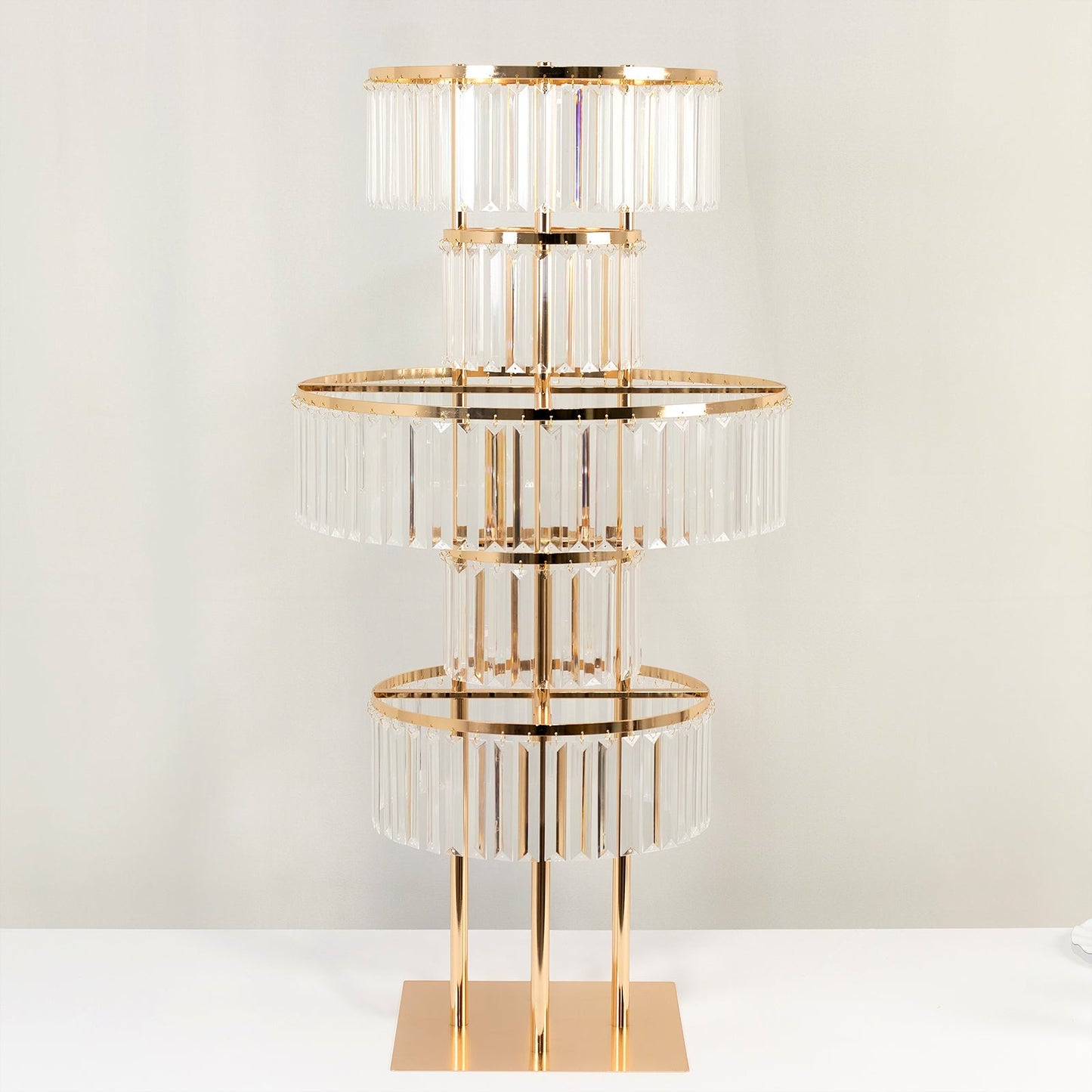 40" Crystal Pendant Table Centerpiece in 5-Tier Gold, Round Flower Stand Metal Vase Chandelier with Hanging Crystals