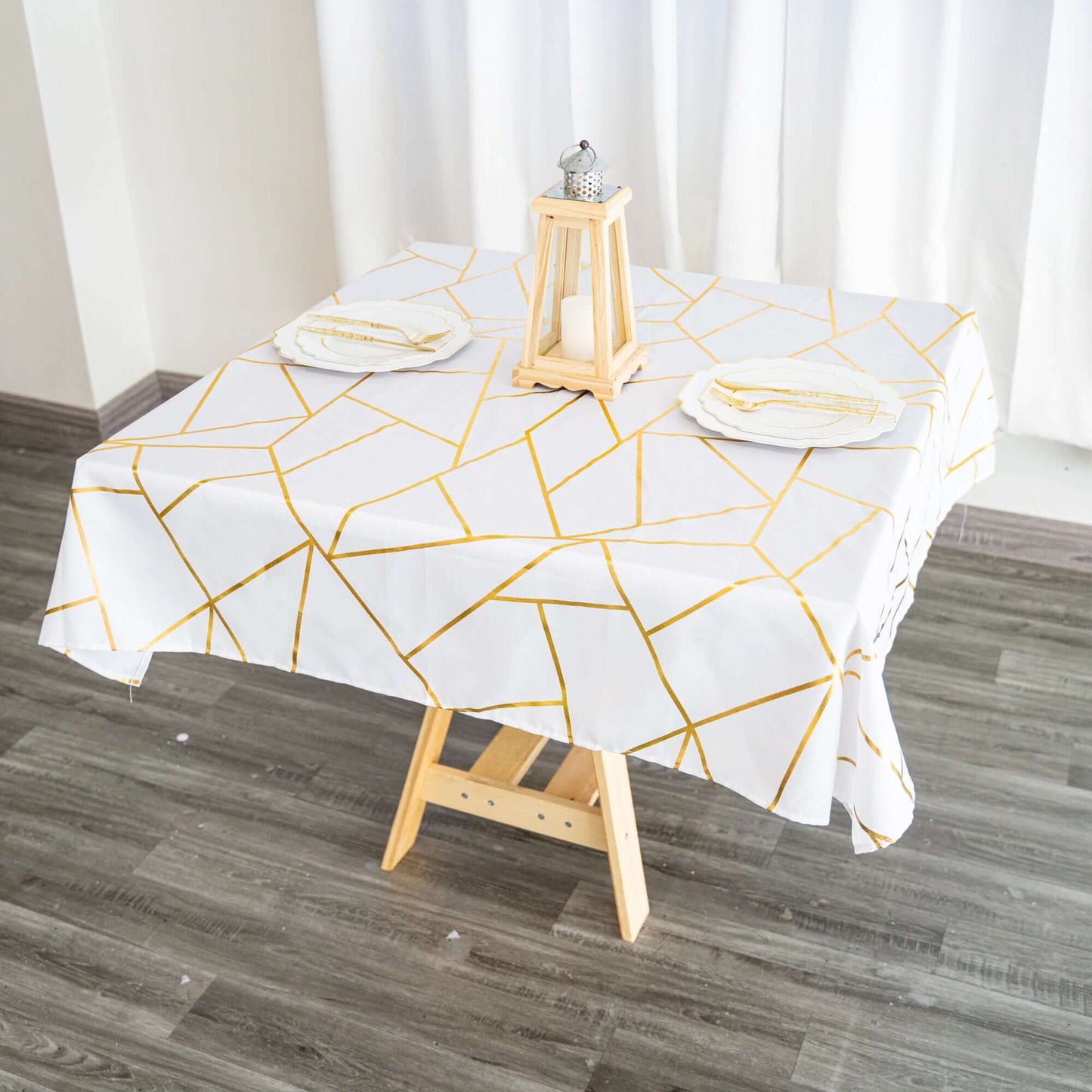 Polyester 54"x54" Table Overlay Square Tablecloth White with Gold Foil Geometric Pattern - Wrinkle-Resistant & Durable for Stylish Settings