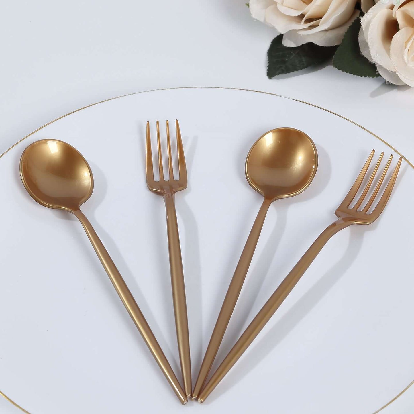 50-Pack Plastic Dessert Forks and Spoons with Gold Shiny Finish - Heavy Duty Disposable Silverware