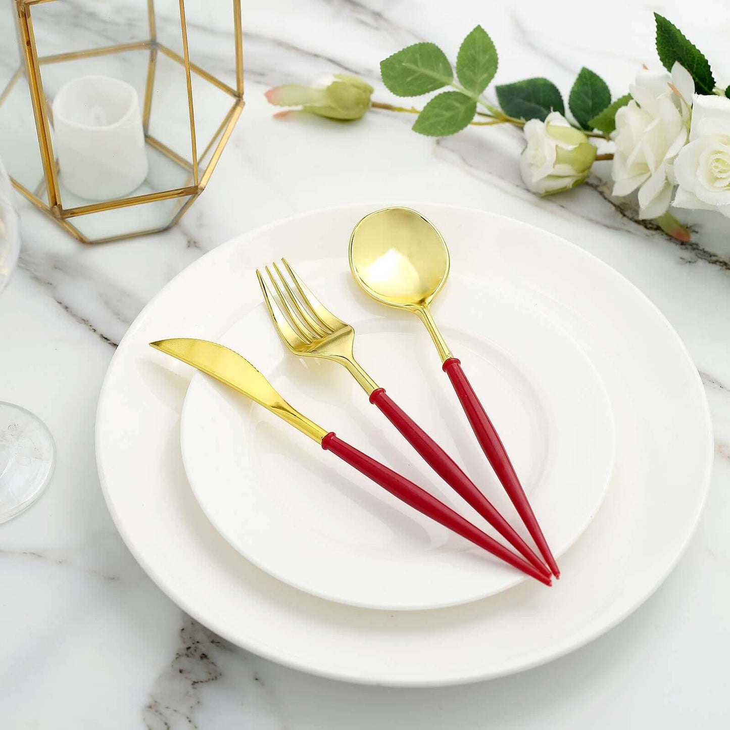 24-Pack Plastic Flatware Set in Metallic Gold with Red Handle - Heavy Duty Disposable Modern Silverware 8"