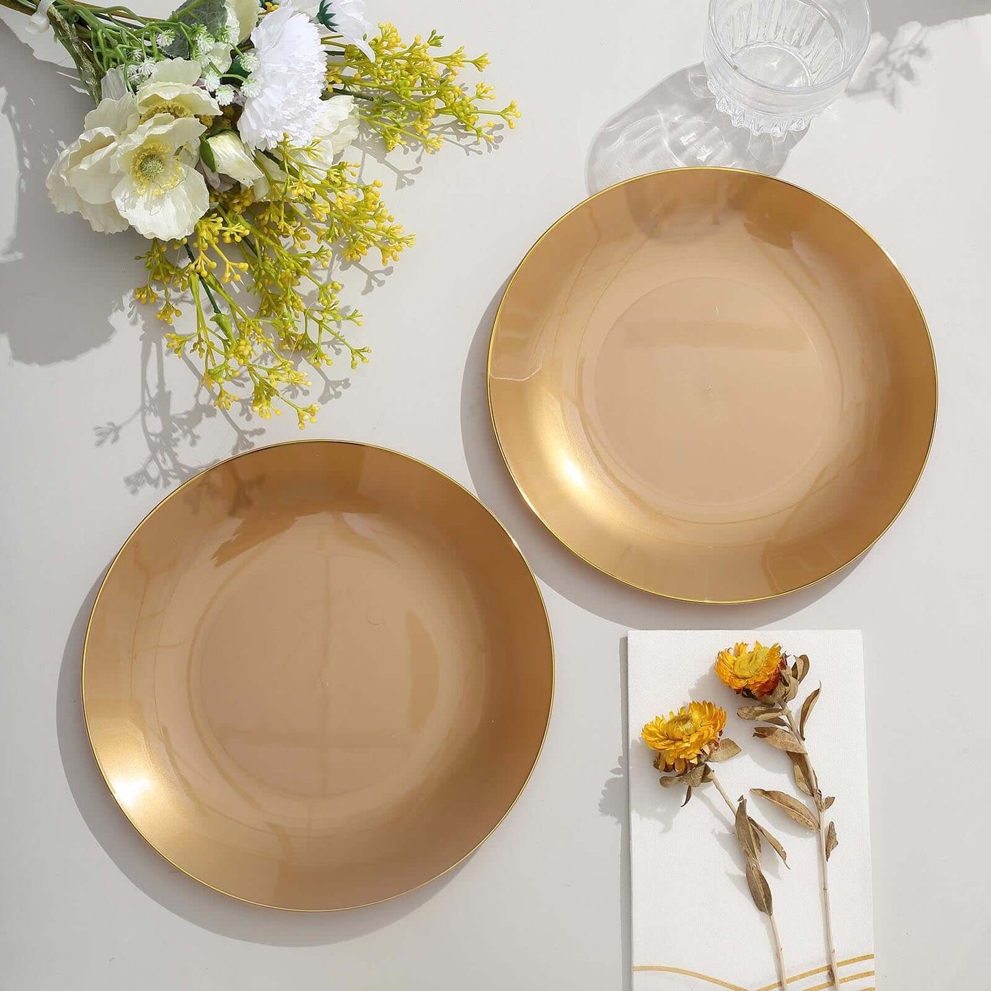10-Pack Plastic 8" Round Dessert Plates in Gold with Gold Rim - Glossy Disposable Appetizer Salad Plates