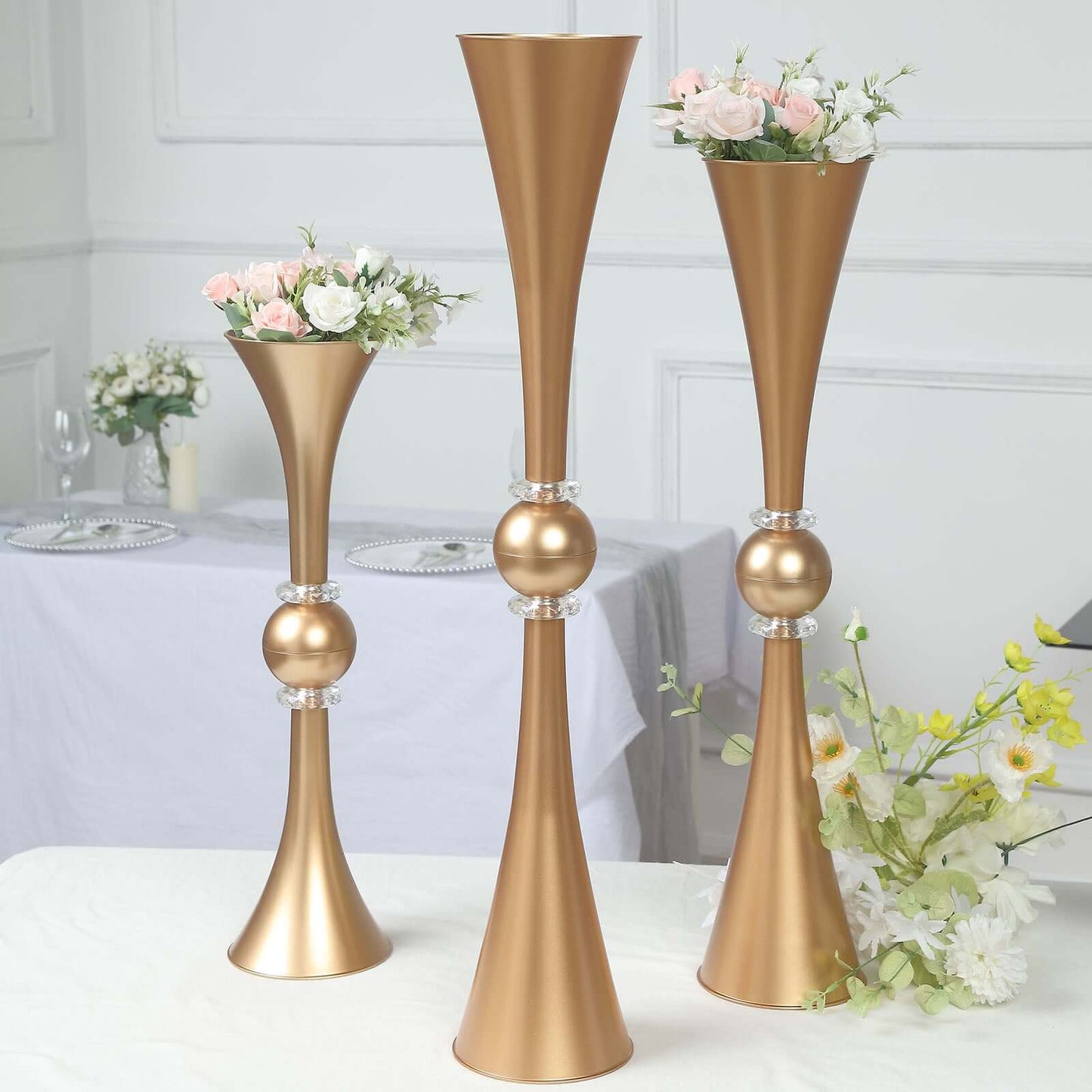 2 Pack 31" Shiny Gold Crystal Embellishment Trumpet Flower Vase, Reversible Plastic Table Centerpiece