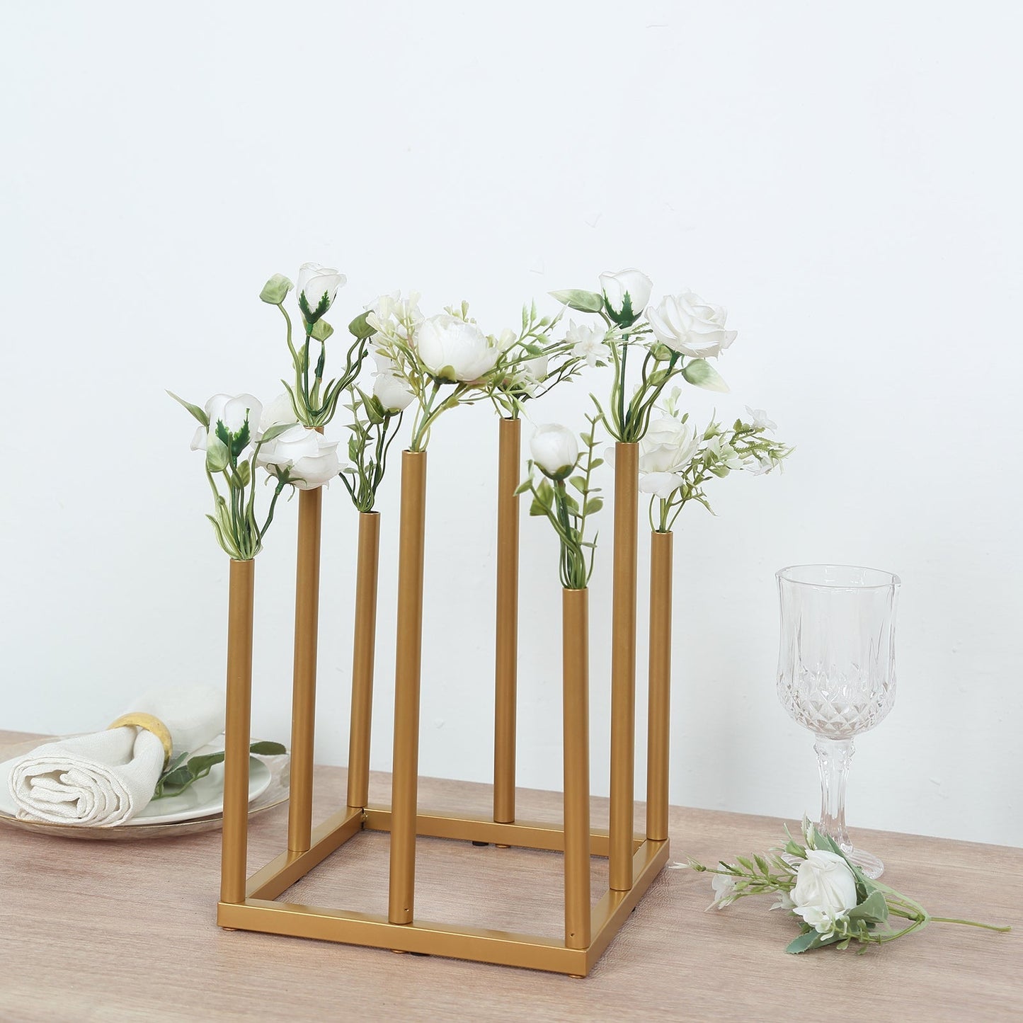 Flower Vase Gold Metal Minimalist 8-Tubes Square Base Design - Single Stem Bud Centerpiece for Arrangements 10"
