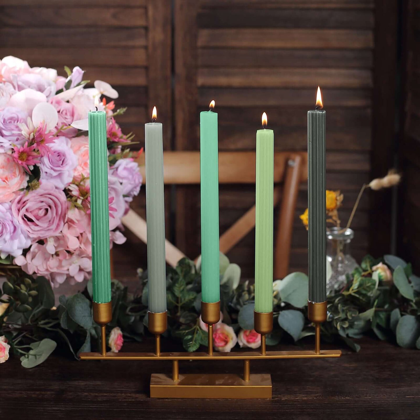 5-Pack Taper Candles Ribbed Wick Ribbon Wax Design Assorted Green - Premium Unscented Dinner Candles 9"