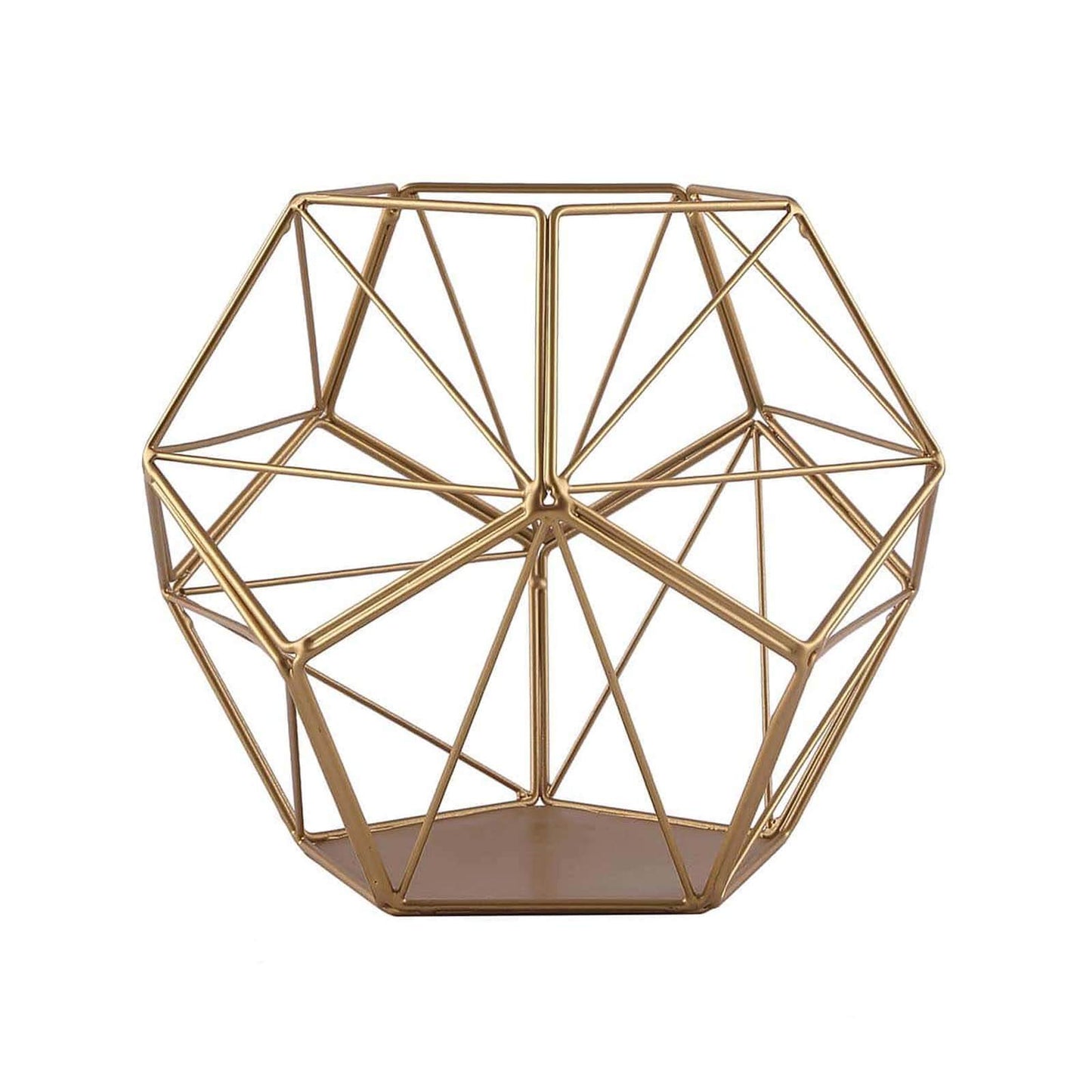 Tealight Candle Holder Gold Metal Pentagon Prism Geometric Open Frame - Flower Stand 7"