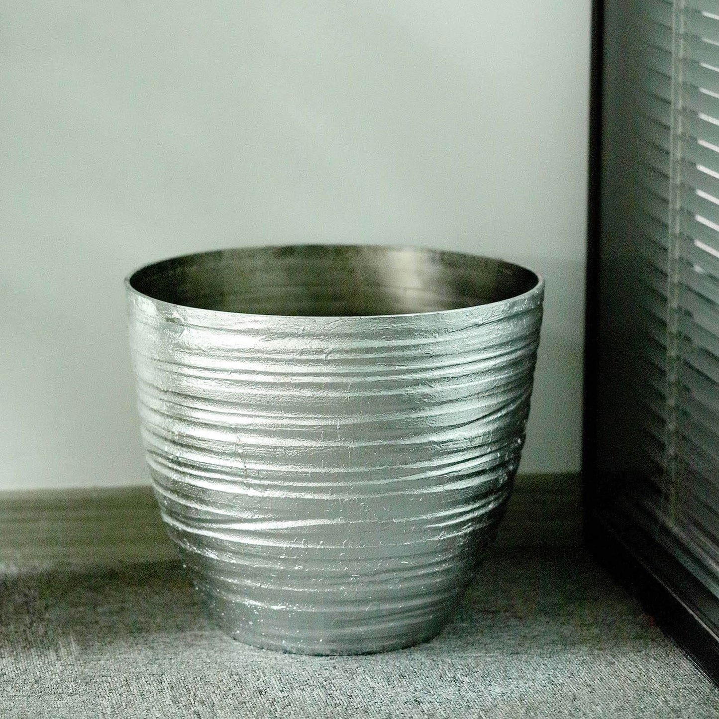 12" Metallic Silver Textured Finish Large Indoor Flower Plant Pot, Decorative Indoor Outdoor Planter