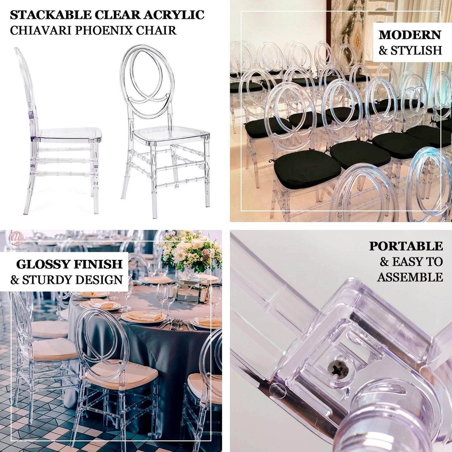 8-Pack Acrylic Stackable Ghost Chairs in Phoenix Chiavari Style Transparent Resin with Oval Back Clear â€“ Sleek Armless Design for Weddings & Gatherings
