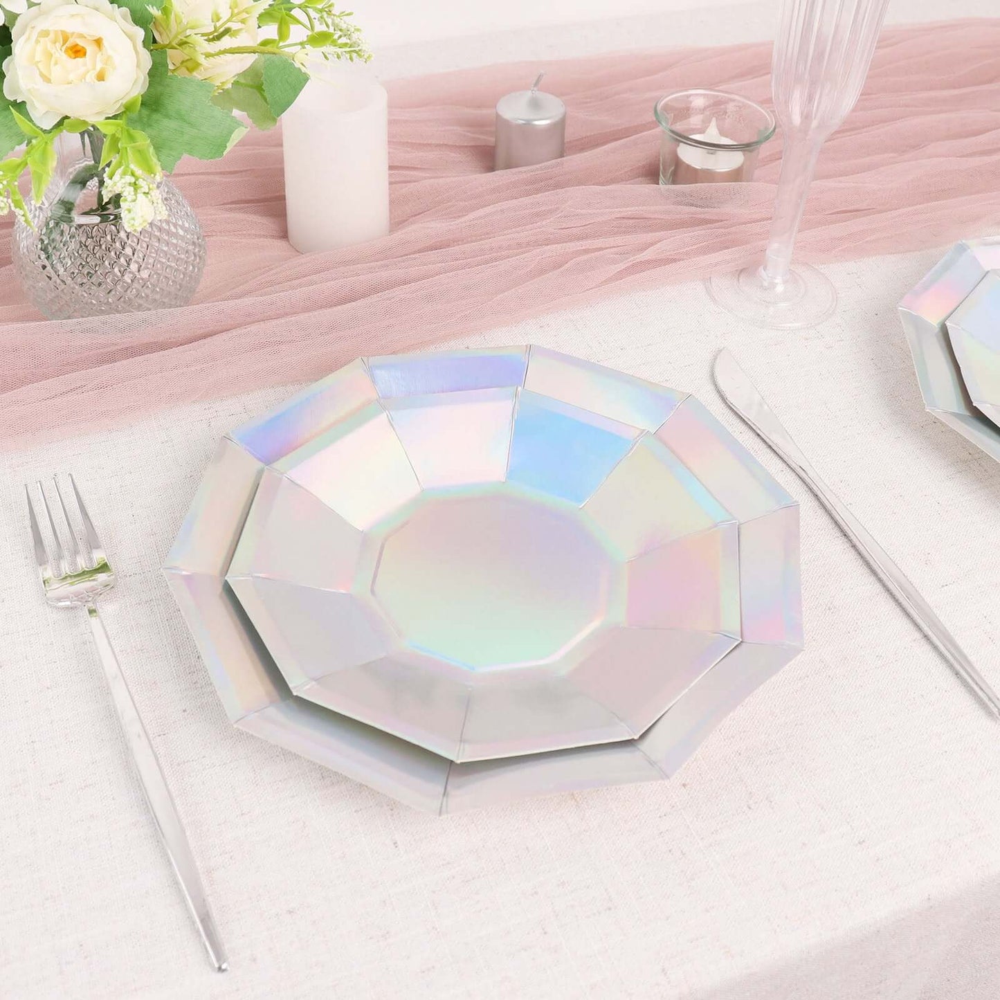 25-Pack Paper 7.5" Decagon Dessert Plates in Iridescent - Disposable Holographic Salad Plates for Starry Night & Fairytale Parties