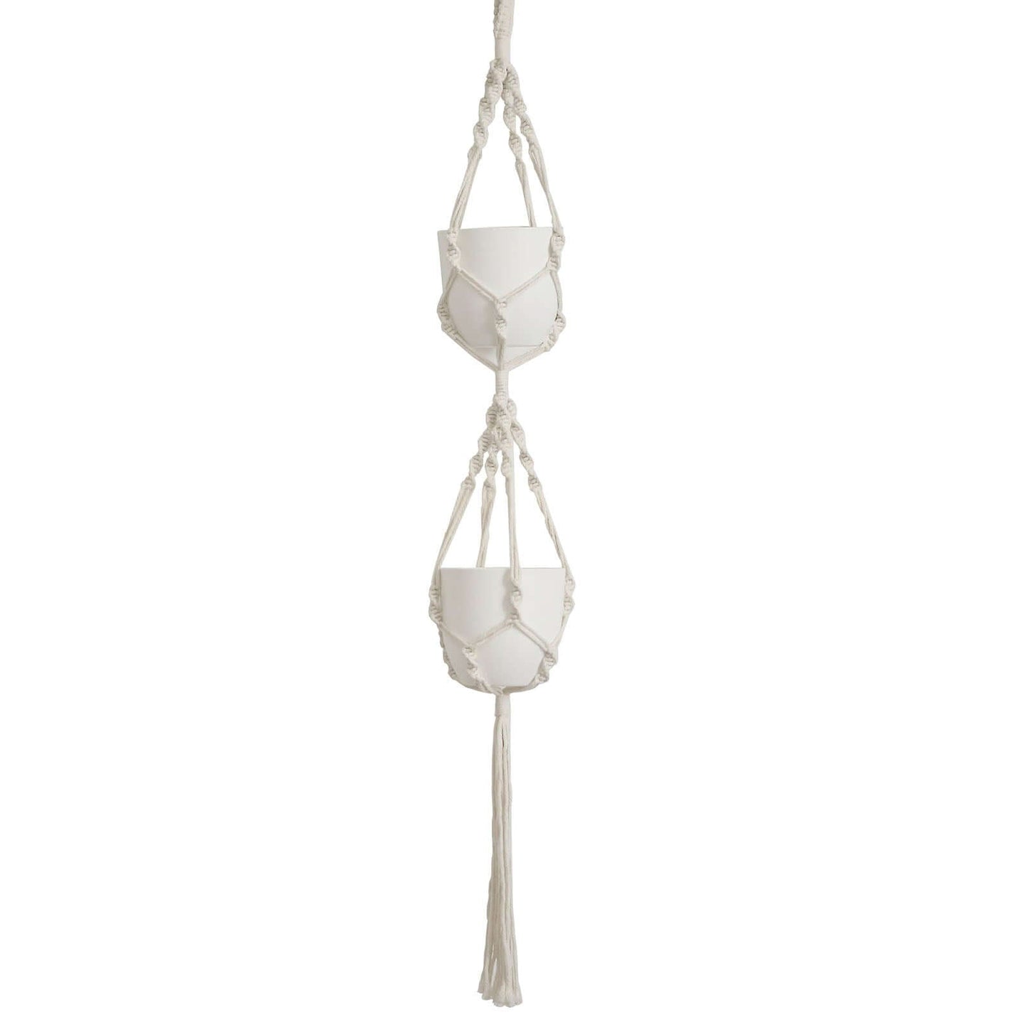 2-Tier Hanging Planter Basket with Tassels Ivory Double Boho Design - Cotton Rope Indoor Decorative Holders