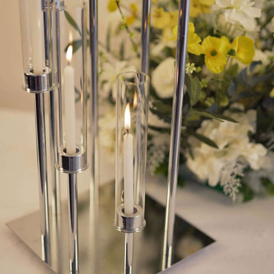 8 Arm Cluster Taper Candle Holder Silver - Stunning Large Candle Arrangement With Clear Glass Shades for Grand Banquets & Celebrations 42"