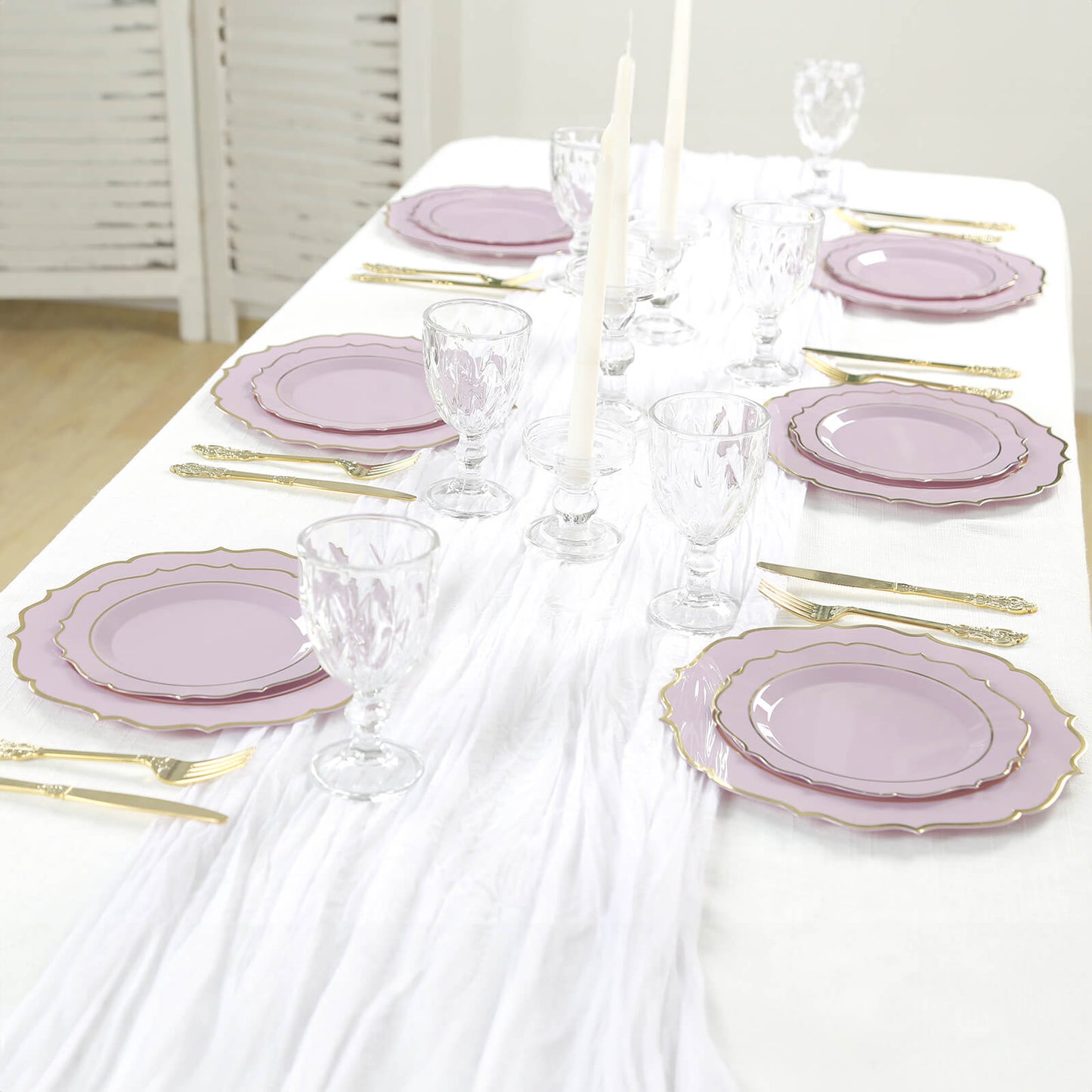 10-Pack Plastic 8" Round Dessert Plates in Lavender Lilac with Gold Scalloped Rim - Disposable Appetizer/Salad Plates