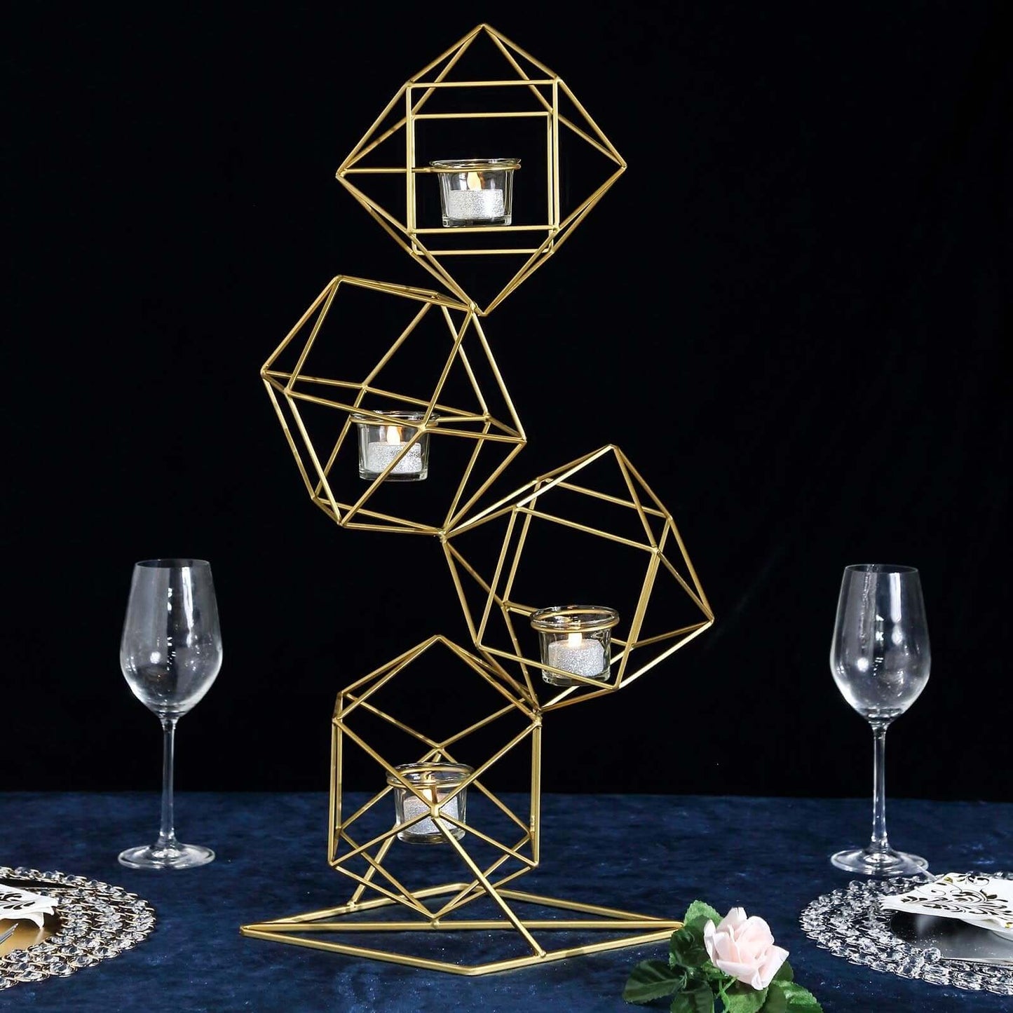 Tealight Candle Holder Metal Linked Geometric Design Gold with Votive Glass Holders - Sophisticated Decor for Tables & Gatherings 25"