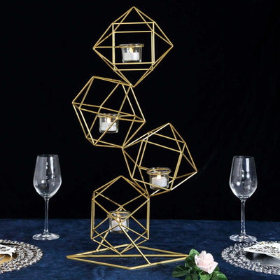 Tealight Candle Holder Metal Linked Geometric Design Gold with Votive Glass Holders - Sophisticated Decor for Tables & Gatherings 25"