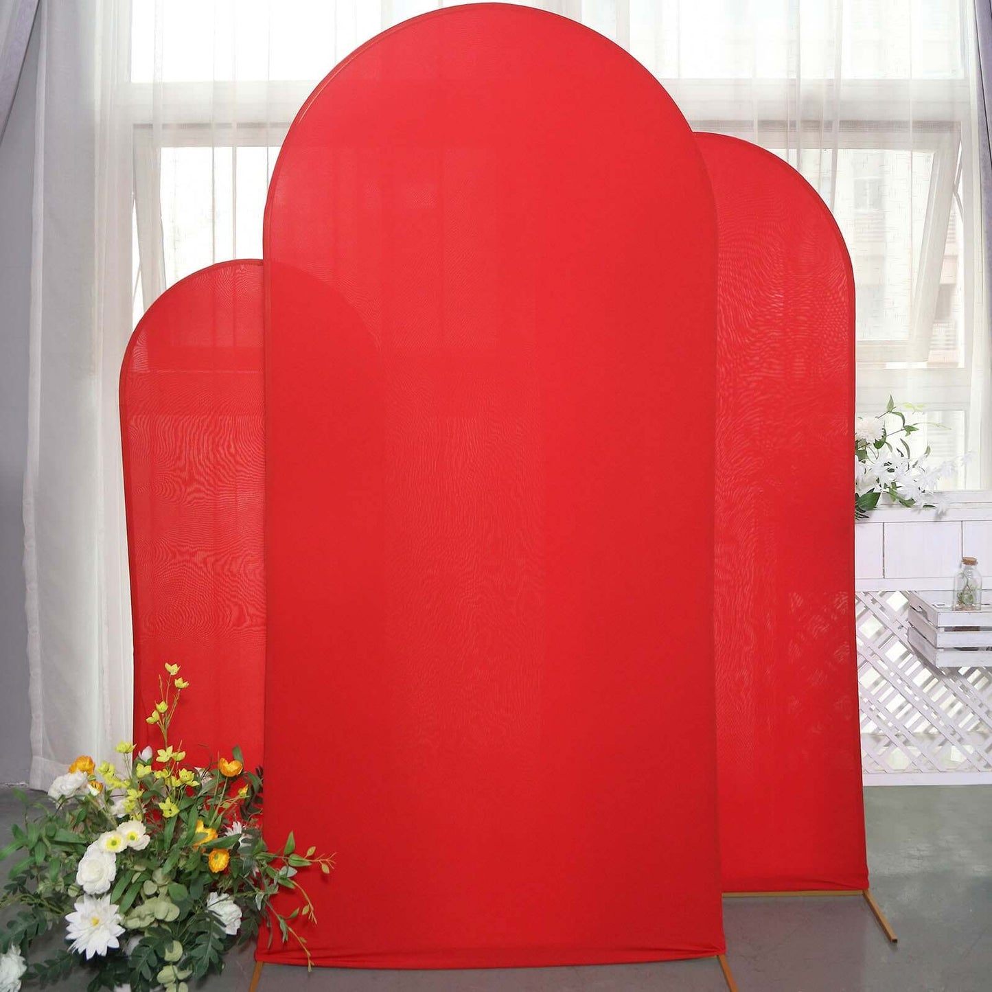 Set of 3 Matte Red Spandex Fitted Chiara Backdrop Stand Cover For Round Top Wedding Arch - 5ft, 6ft, 7ft