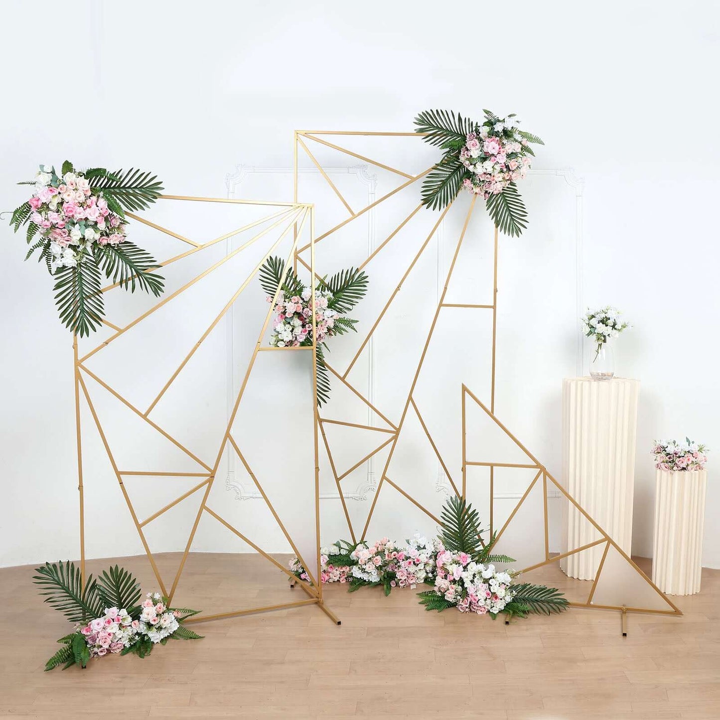 7ft Tall Gold Metal Rectangular Geometric Flower Frame Prop Stand, Wedding Backdrop Floor Stand With Cloudy Film Insert
