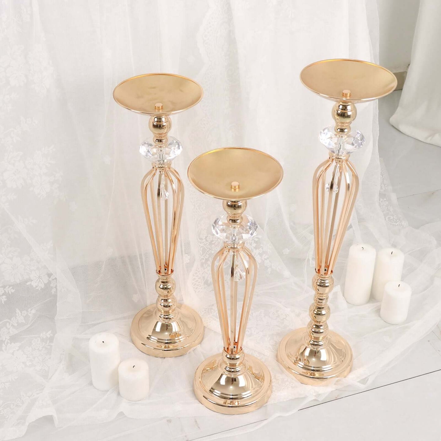 Set of 3 Metal Pedestal Stands with Crystal Ball Flower Bowl Design Gold - Pillar Candle Holders 20", 23", 25"