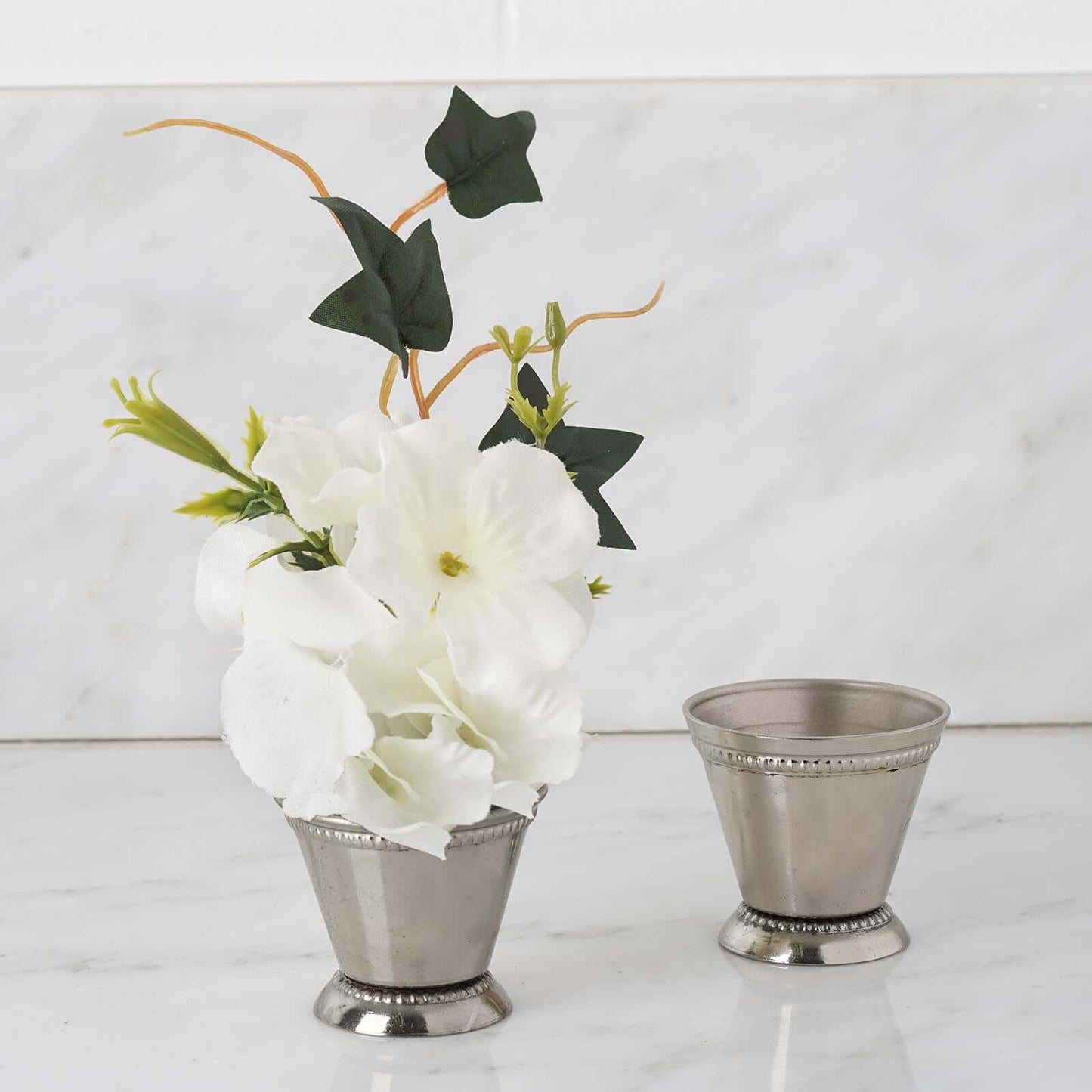 2" Small Silver Metal Beaded Rim Mint Julep Cups, Party Favor Jars