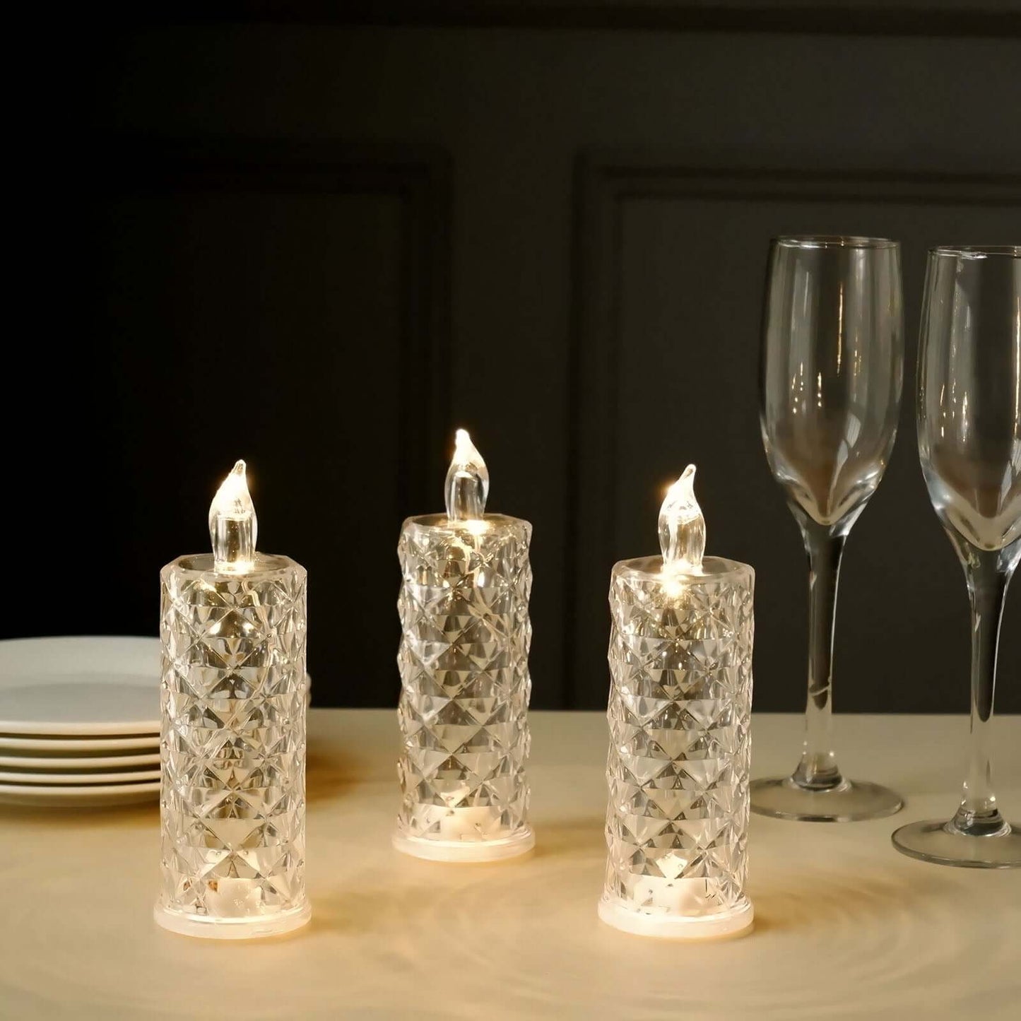 3-Pack LED Flameless Candle Lights Rose Halo Acrylic Diamond Pattern Warm White - Pillar Lamps 6"