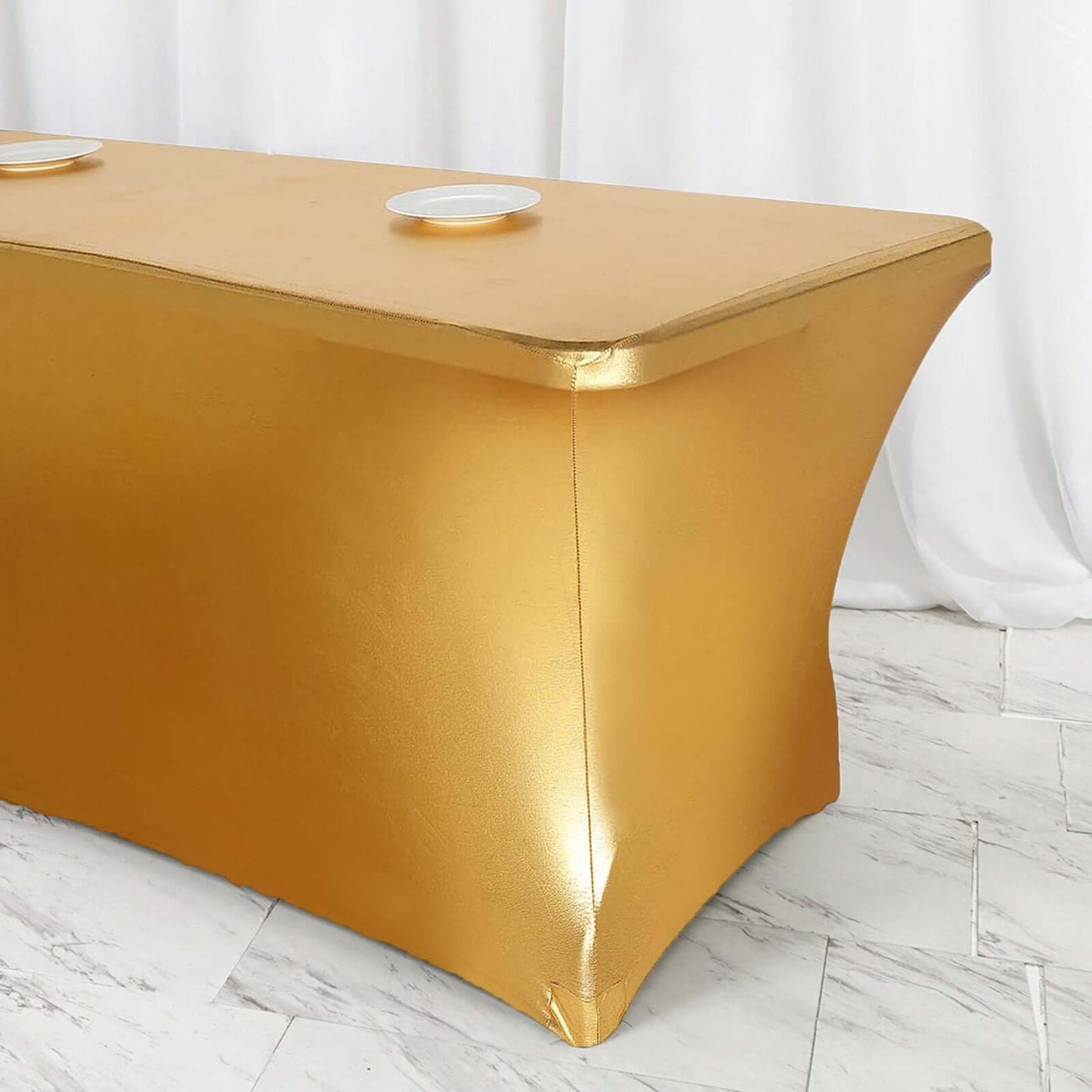 Stretch Spandex 72"x30" Rectangle Tablecloth Metallic Gold - Glamorous Form-Fitting Table Cover for Upscale Gatherings