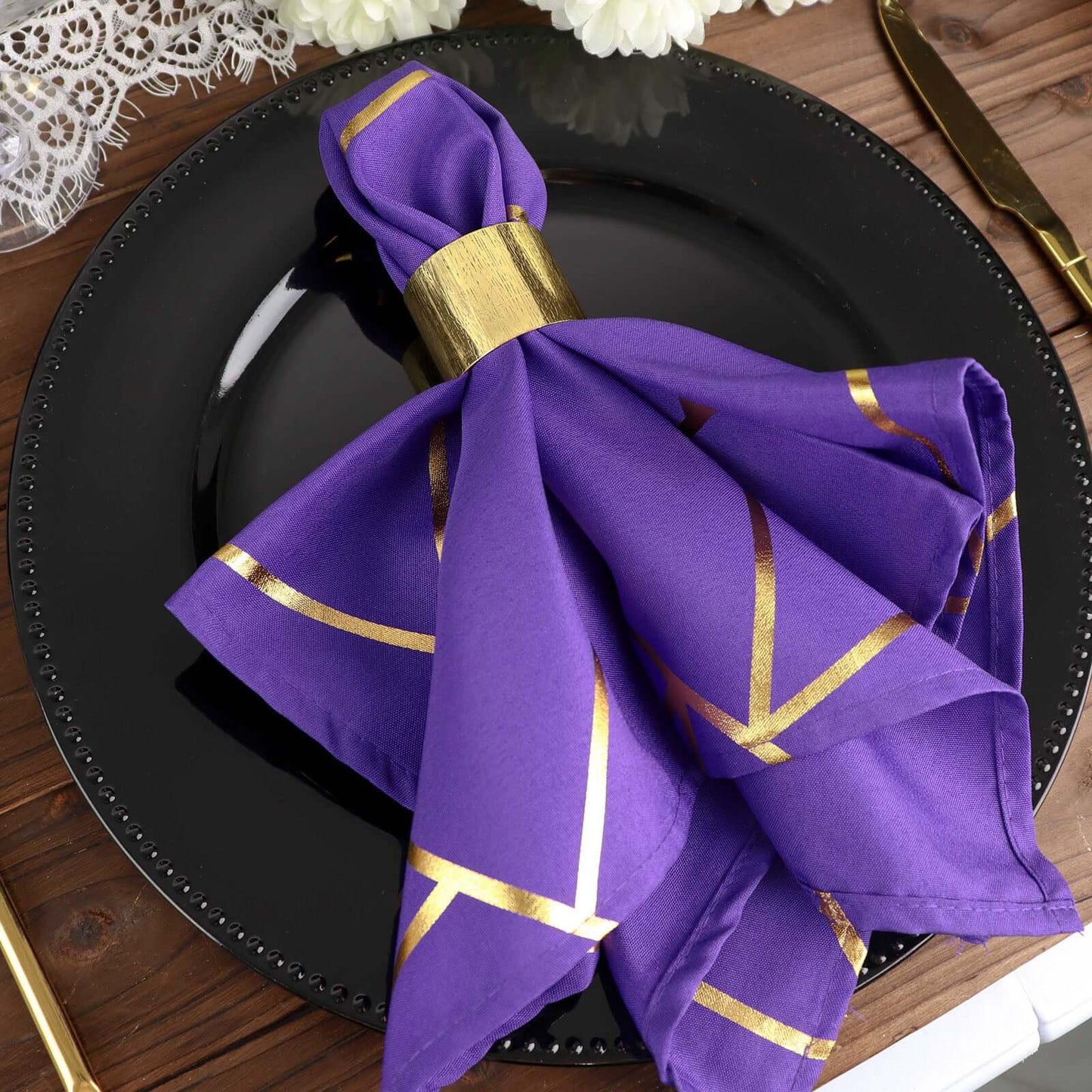 5 Pack Polyester 20"x20" Napkins Purple with Gold Geometric Foil Pattern - Modern Reusable Dinner Napkins