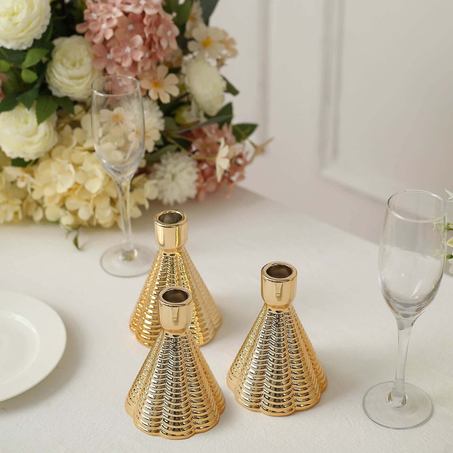 3-Pack Ceramic Taper Candle Holders Ribbed Cone Shaped Design Metallic Gold - Candlestick Stands for Decor 5"