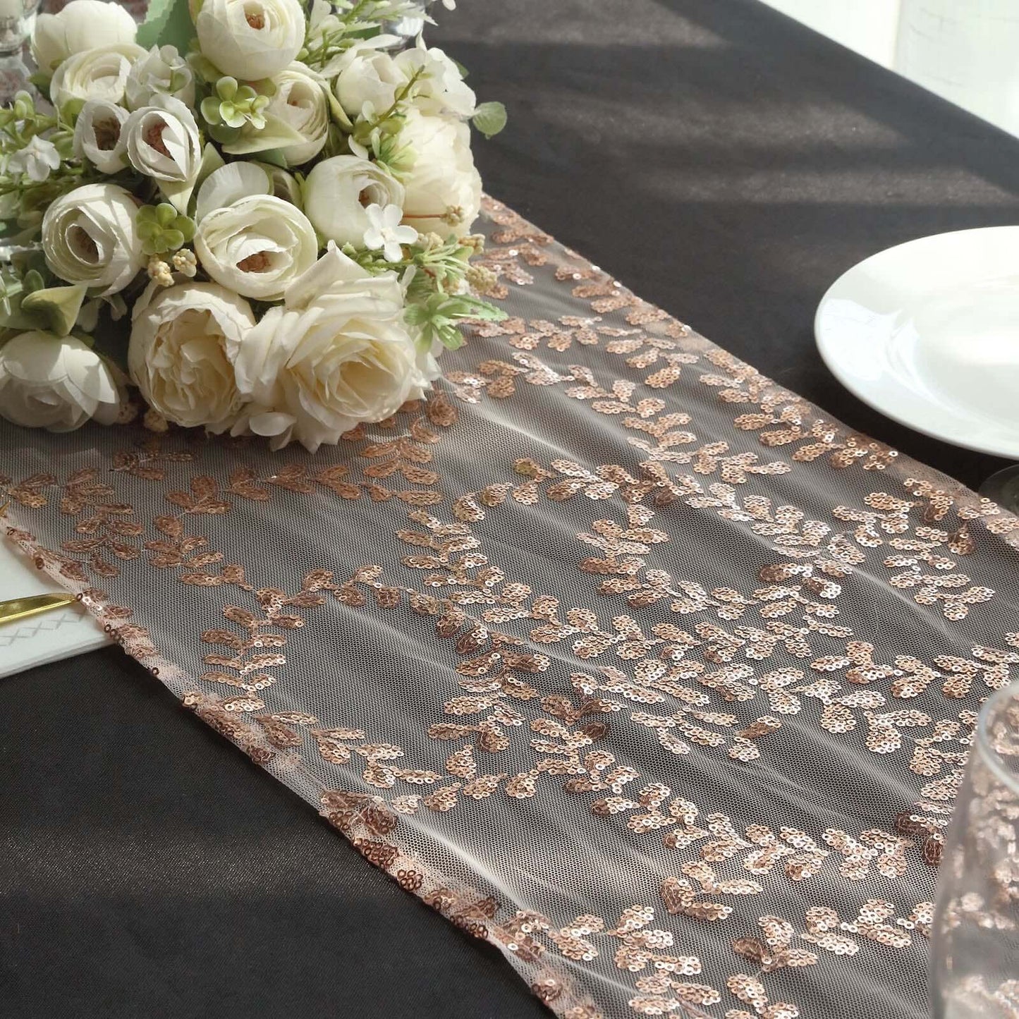 Mesh 12"x108" Table Runner Rose Gold - Leaf Vine Embroidery
