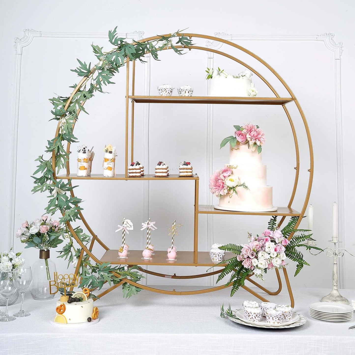 Metal Round Cake Dessert Display Stand 4ft Gold - Sturdy Large Modern Shelf Rack for Event Backdrops Balloon Garlands Floral Installations & Bookcase