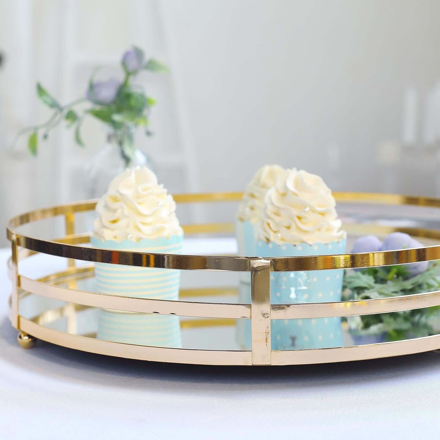 Set of 2 Metal Serving Trays 13", 9" Round Gold with Mirrored Top, Classy Decorative Vanity Tray Centerpiece