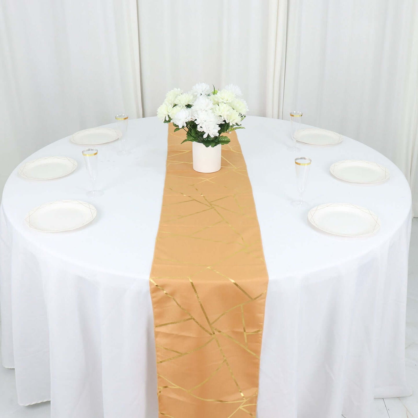 Polyester 9ft Table Runner Gold with Gold Foil Geometric Pattern - Modern & Stylish Table Decor