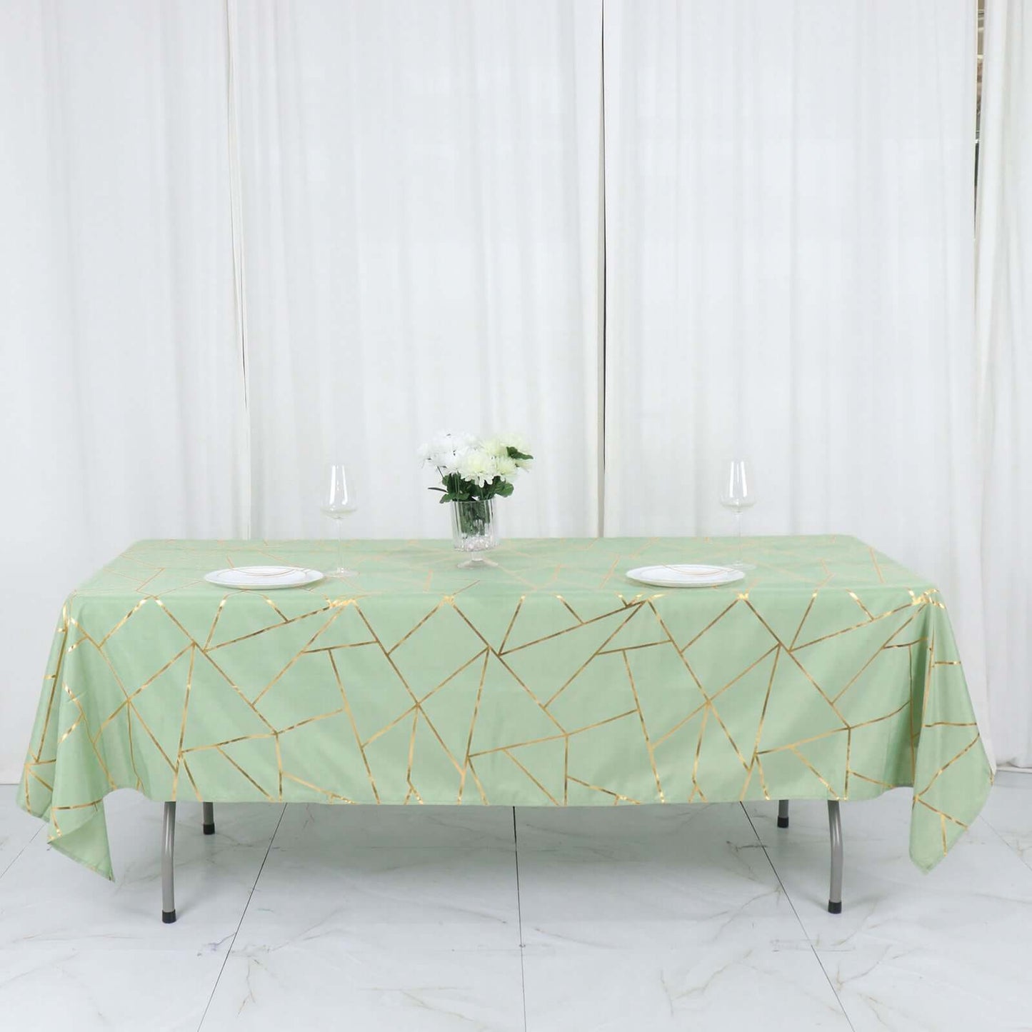 Polyester 60"x102" Rectangle Tablecloth Sage Green with Gold Foil Geometric Pattern - Wrinkle-Resistant & Durable Table Cover