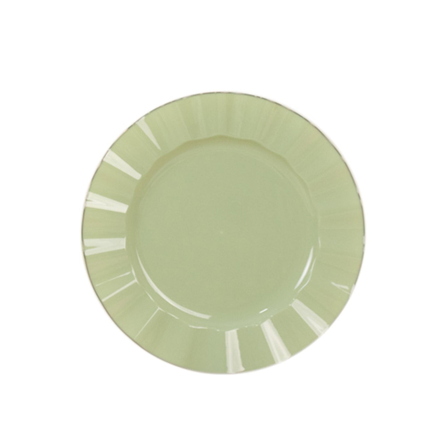 10-Pack Plastic 11" Round Dinner Plates in Sage Green Ruffled Rim with Gold Edging - Sturdy Disposable Dinnerware