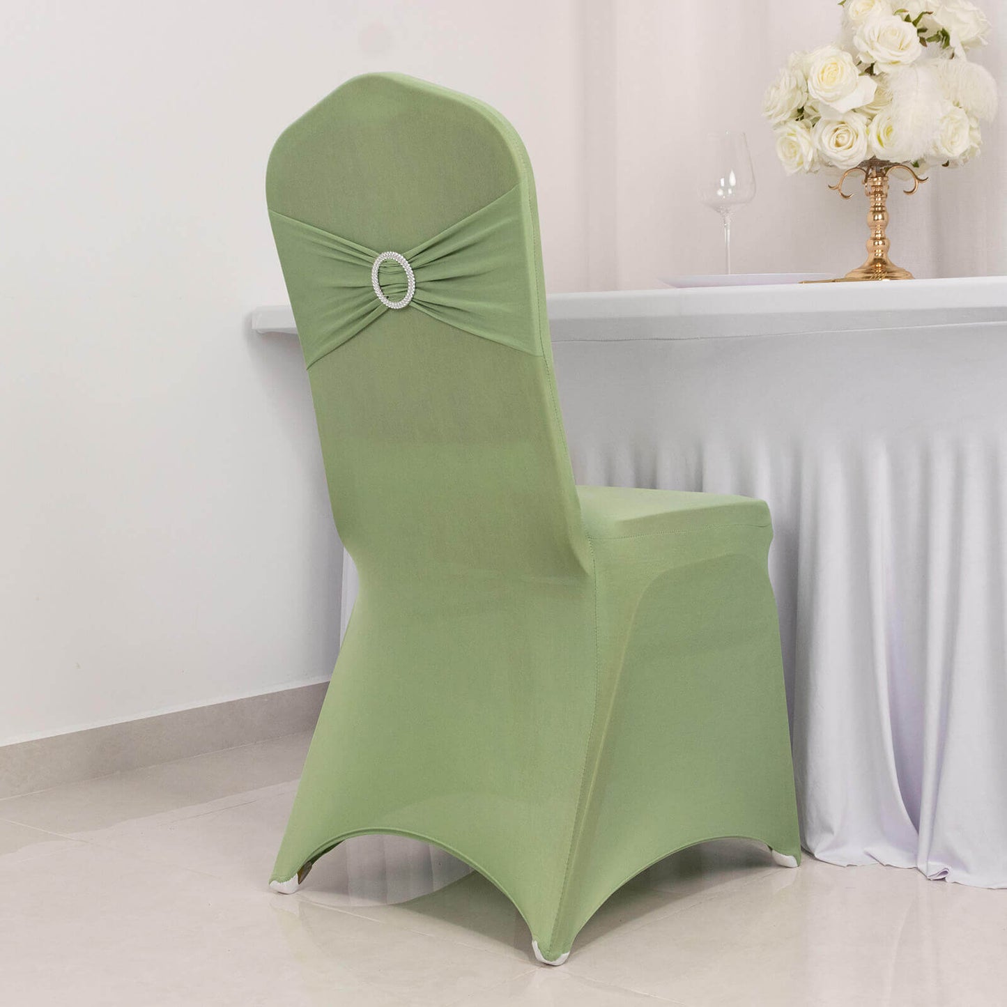 Spandex Chair Cover with Silver Rhinestone Buckled Sash Band Sage Green - Stretch Fitted Slipcover