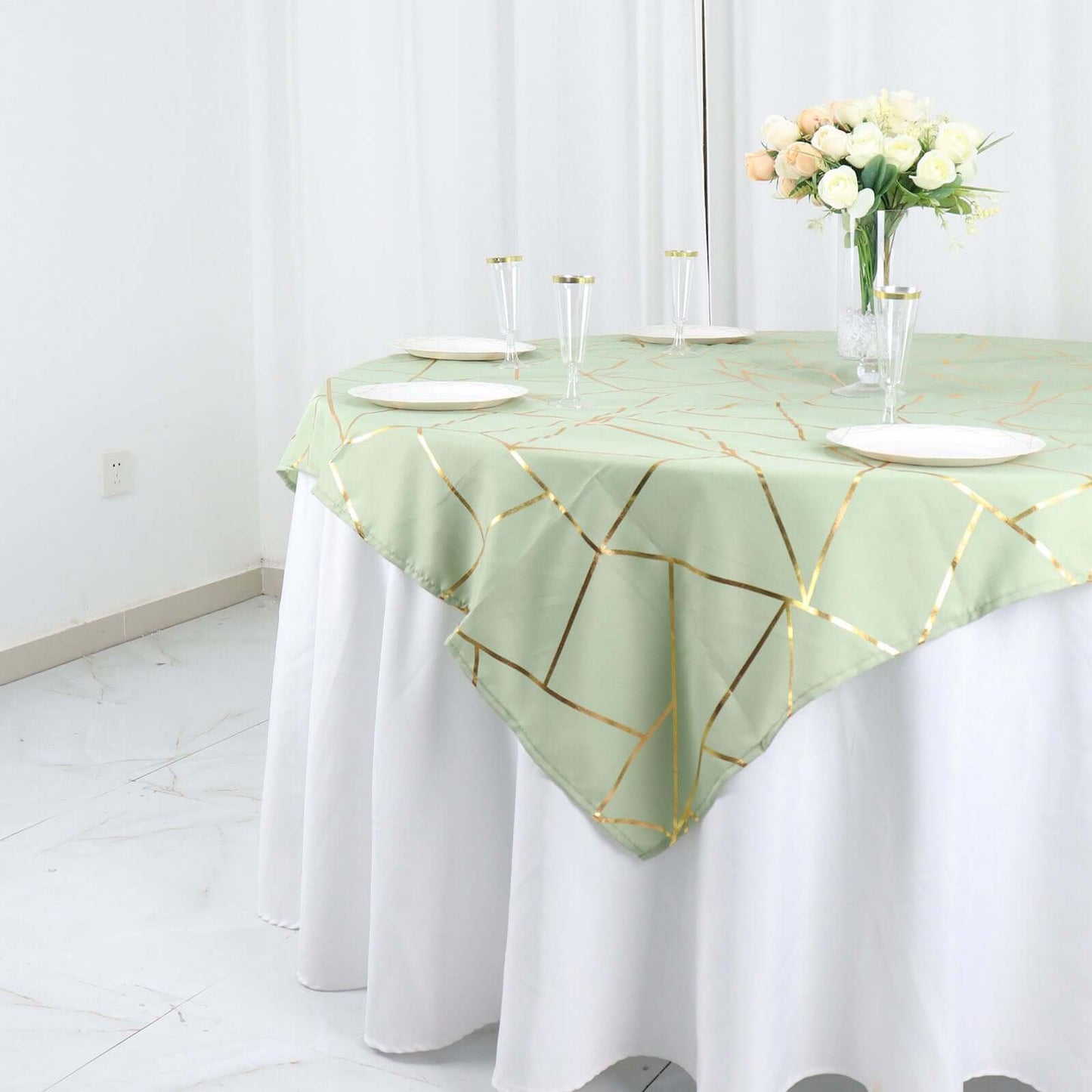 Polyester 54"x54" Table Overlay Square Tablecloth Sage Green with Gold Foil Geometric Pattern - Wrinkle-Resistant & Durable for Stylish Settings