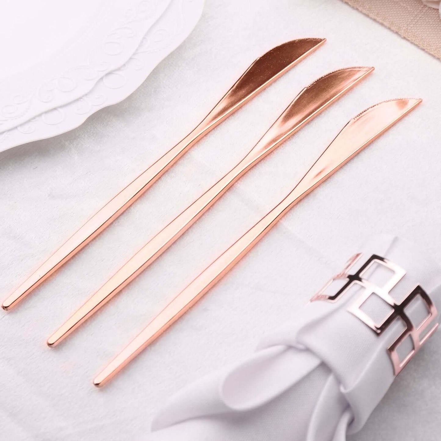 24-Pack Plastic Knives Glossy Rose Gold - Premium Heavy Duty Disposable Flatware Cutlery 8"