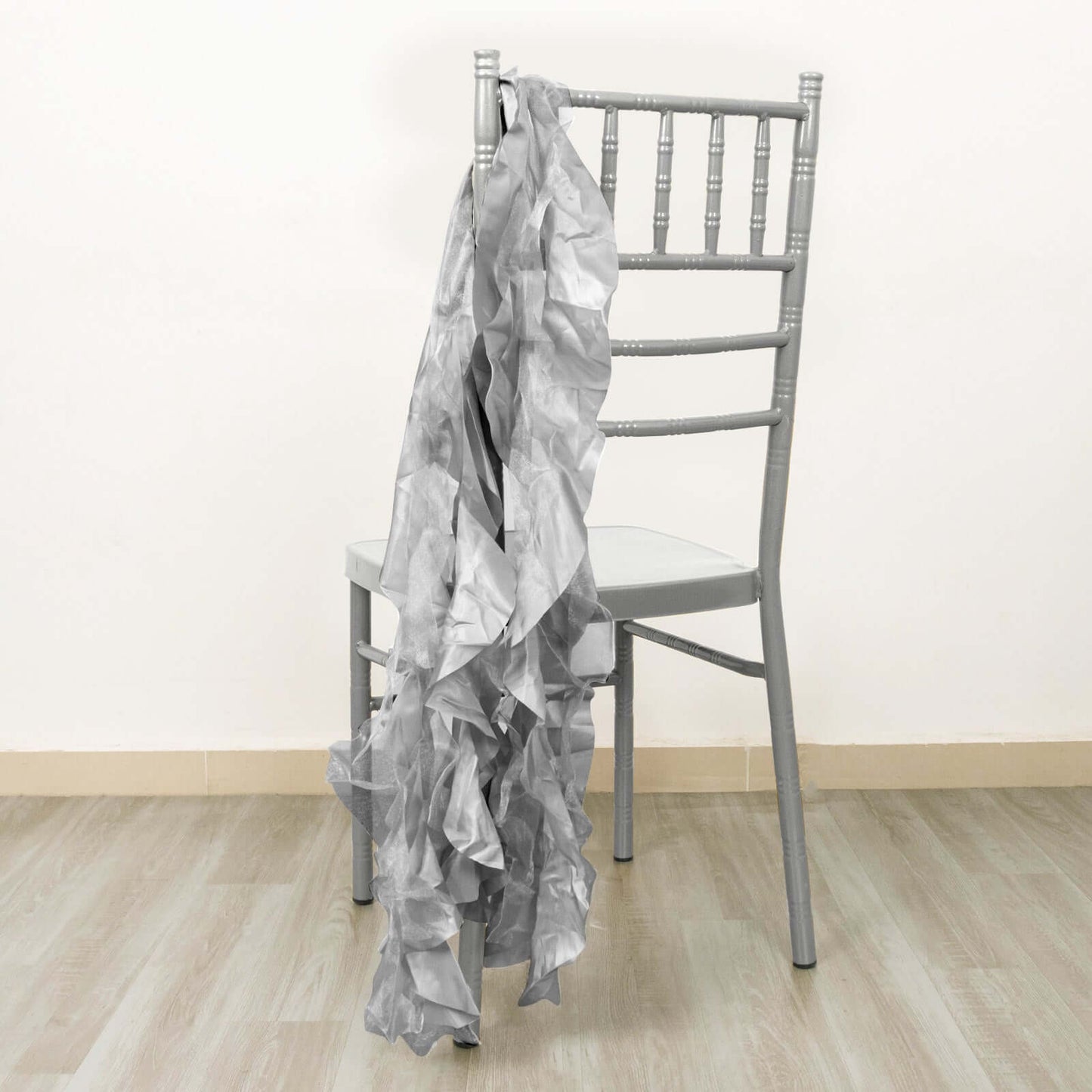 5 Pack Chiffon Satin Chair Sashes Silver - Easy to Install Ruffled Curly Willow